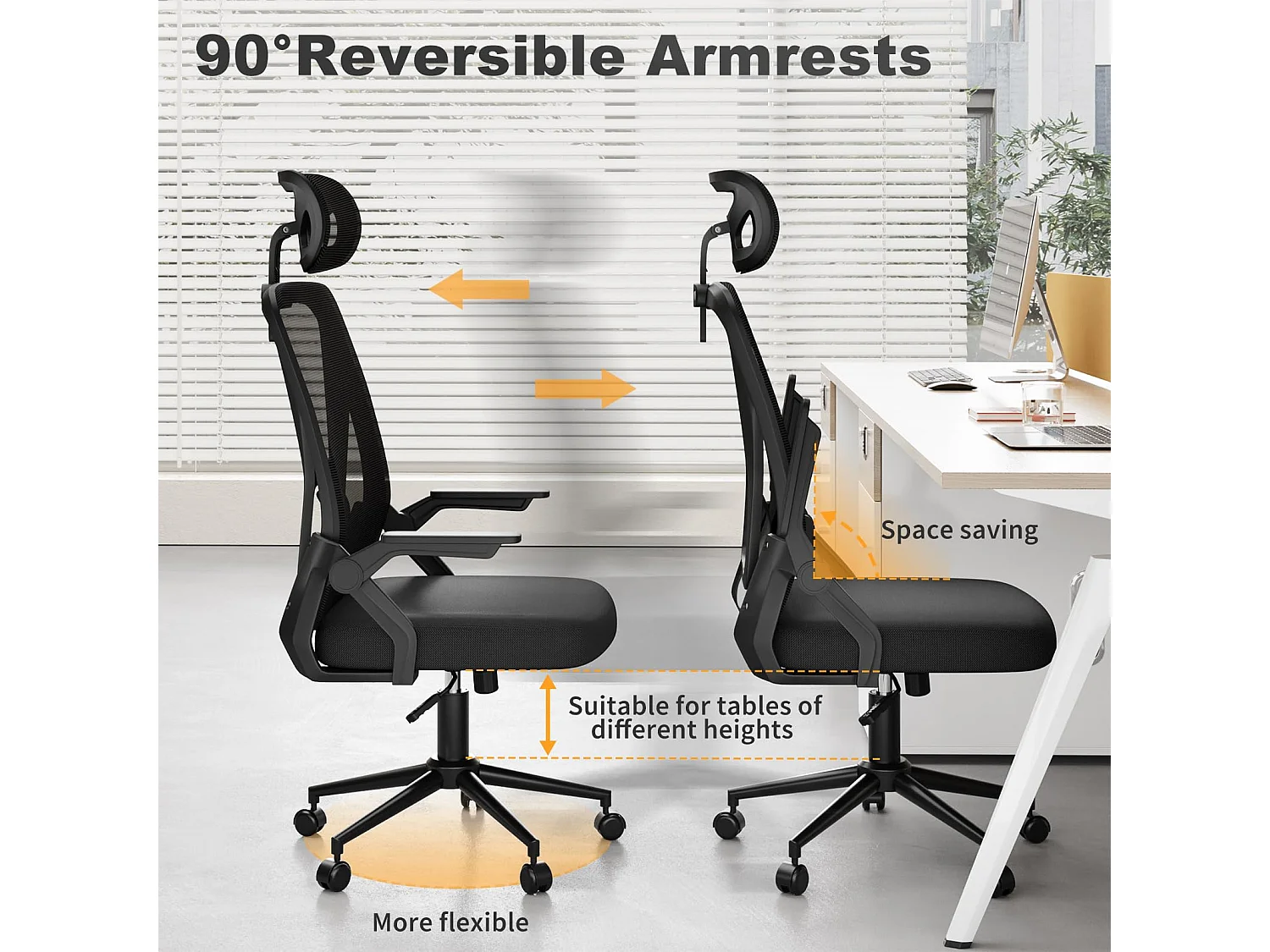 Chaise de bureau à dossier haut en maille, avec appui-tête réglable, accoudoirs rabattables et fonction basculante, pour le travail et les études