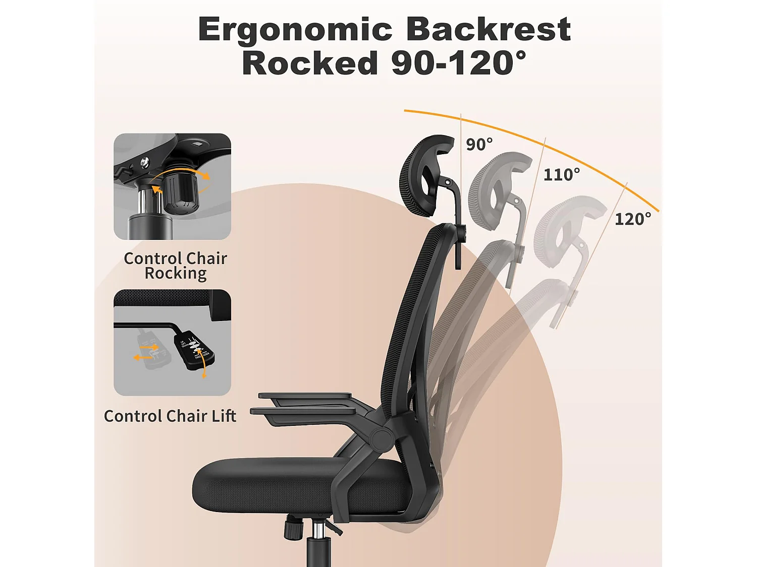 Chaise de bureau à dossier haut en maille, avec appui-tête réglable, accoudoirs rabattables et fonction basculante, pour le travail et les études
