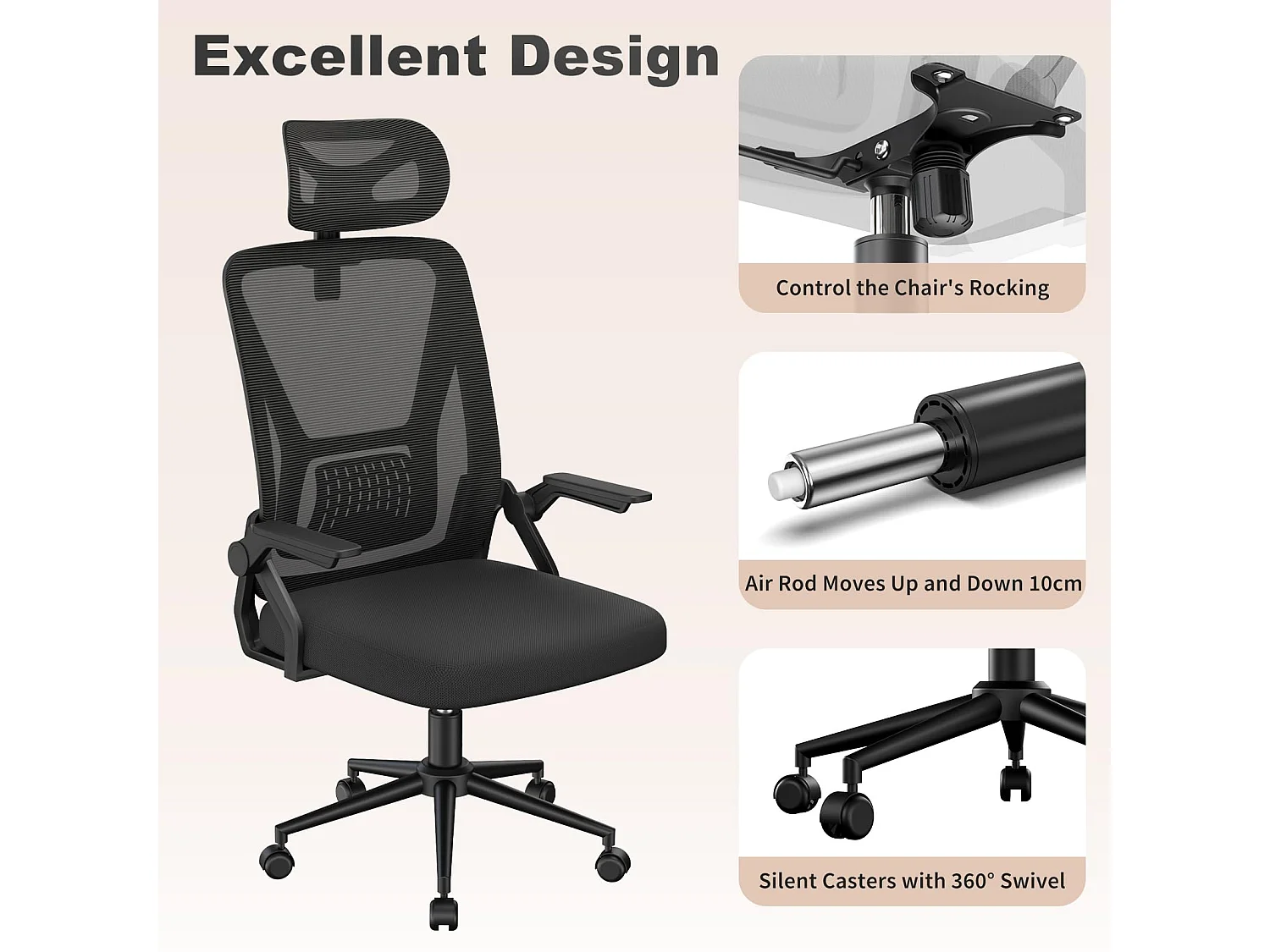 Chaise de bureau à dossier haut en maille, avec appui-tête réglable, accoudoirs rabattables et fonction basculante, pour le travail et les études