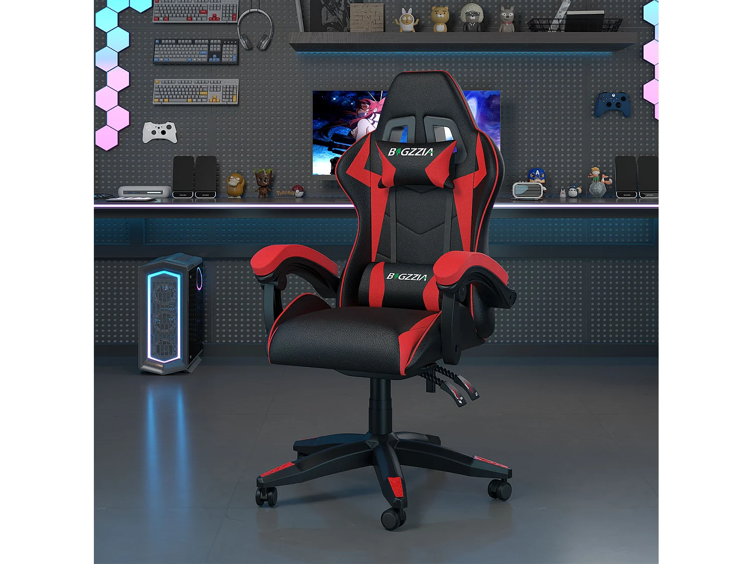 Fauteuil de gaming inclinable à dossier haut en cuir PU, avec appui-tête et soutien lombaire