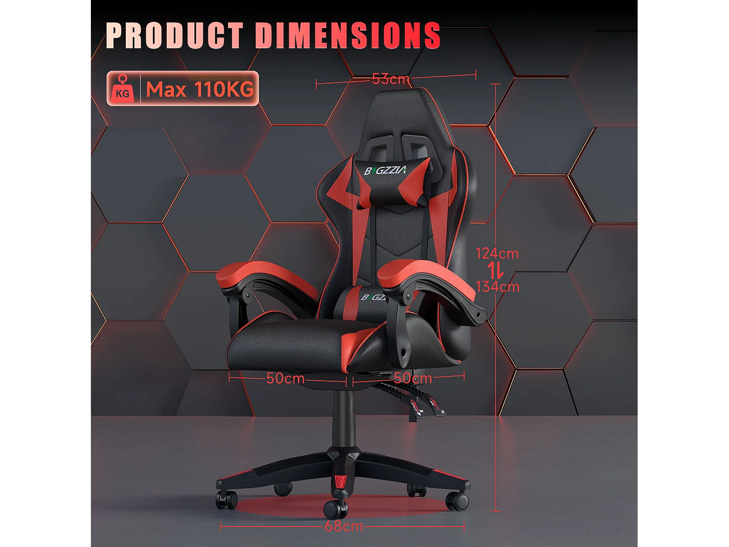 Fauteuil de gaming inclinable à dossier haut en cuir PU, avec appui-tête et soutien lombaire