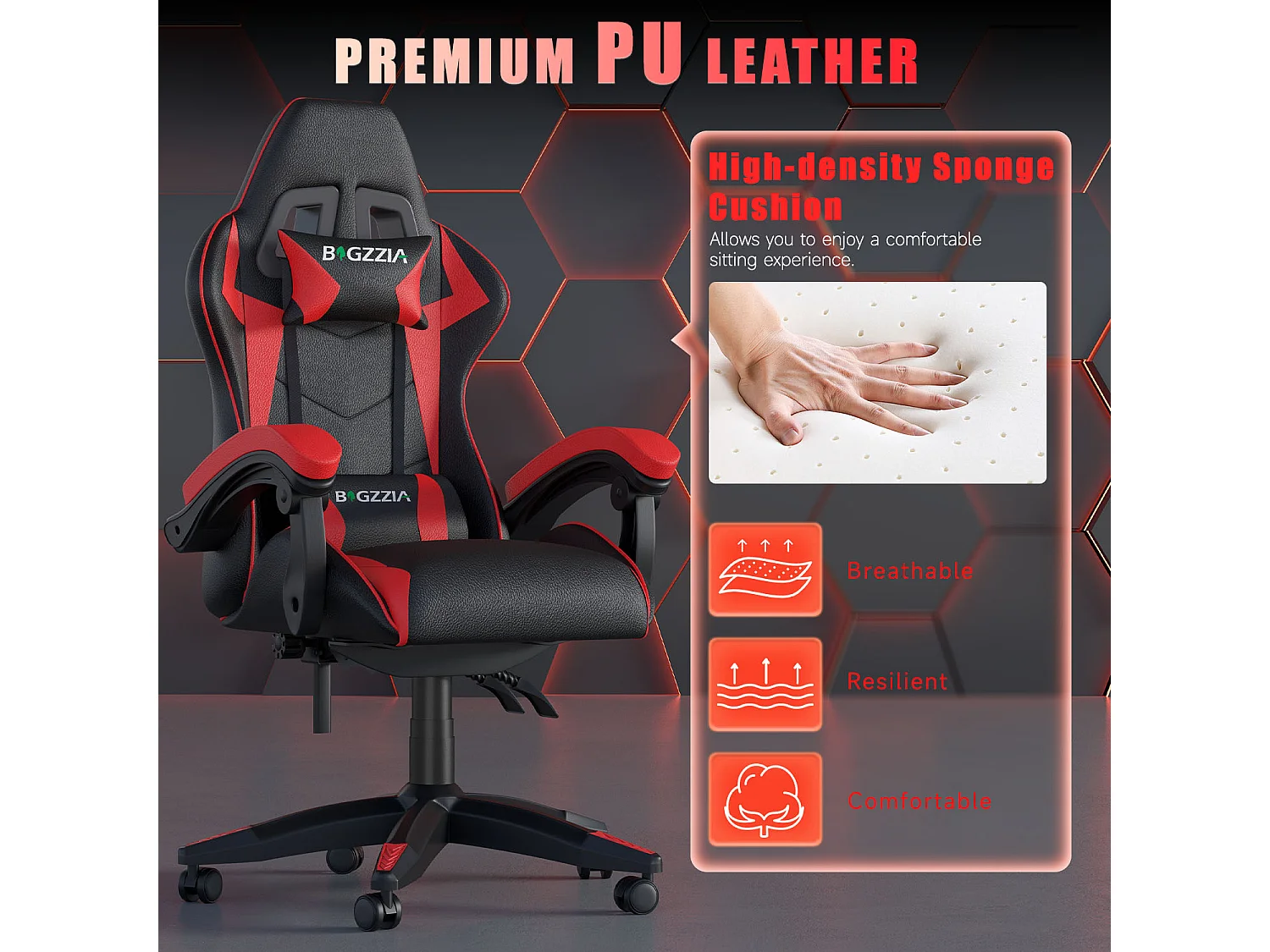 Fauteuil de gaming inclinable à dossier haut en cuir PU, avec appui-tête et soutien lombaire