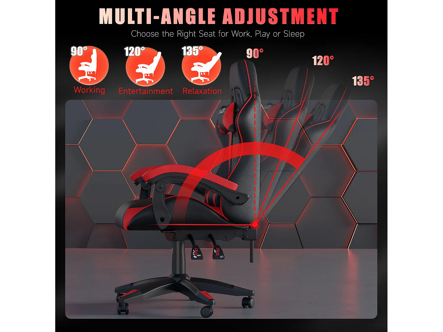 Fauteuil de gaming inclinable à dossier haut en cuir PU, avec appui-tête et soutien lombaire