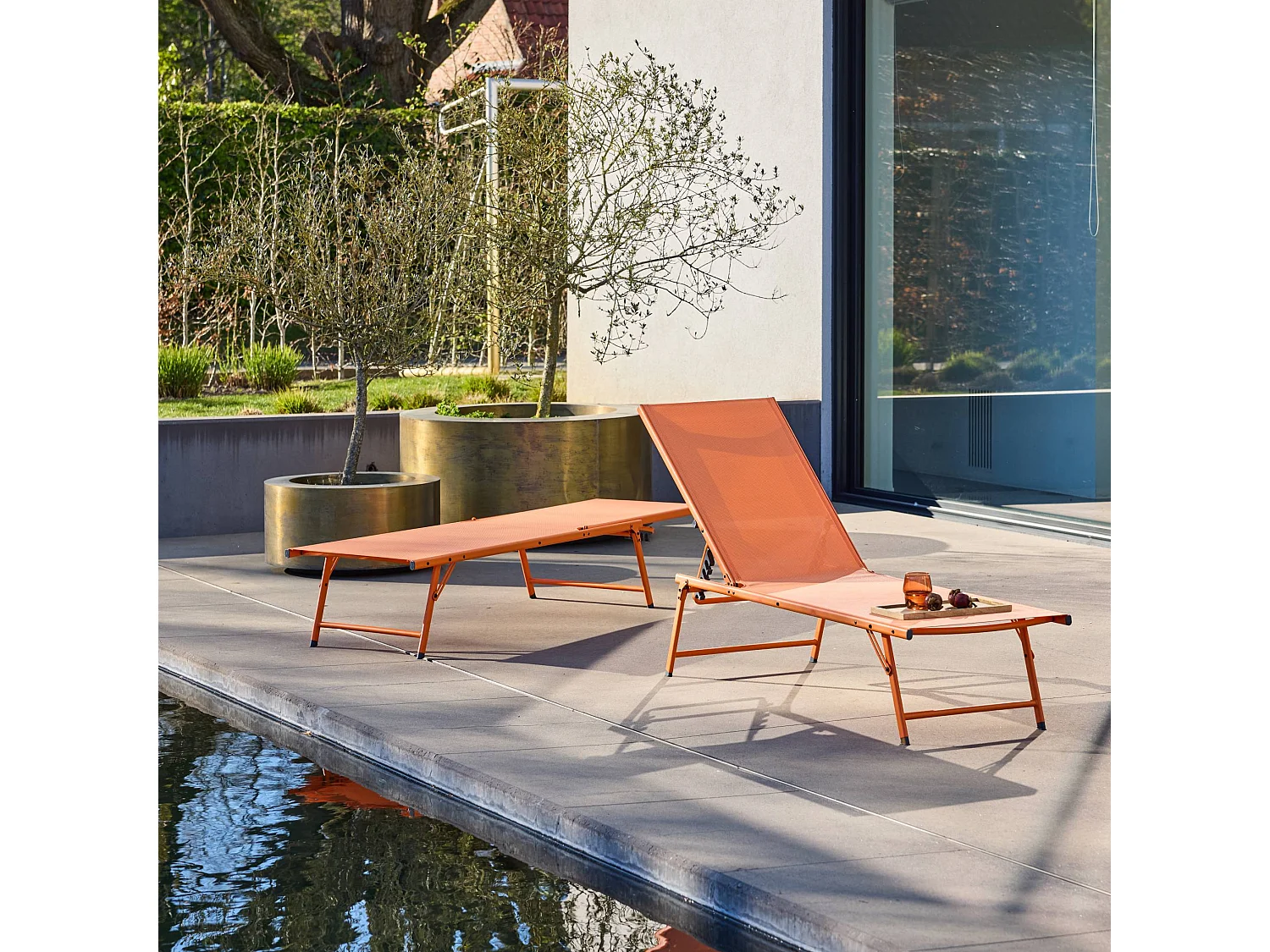 Lot de 2 bains de soleil acier textilène inclinable 4 positions Tropea orange. 165 x 54.5 x 82.5 cm