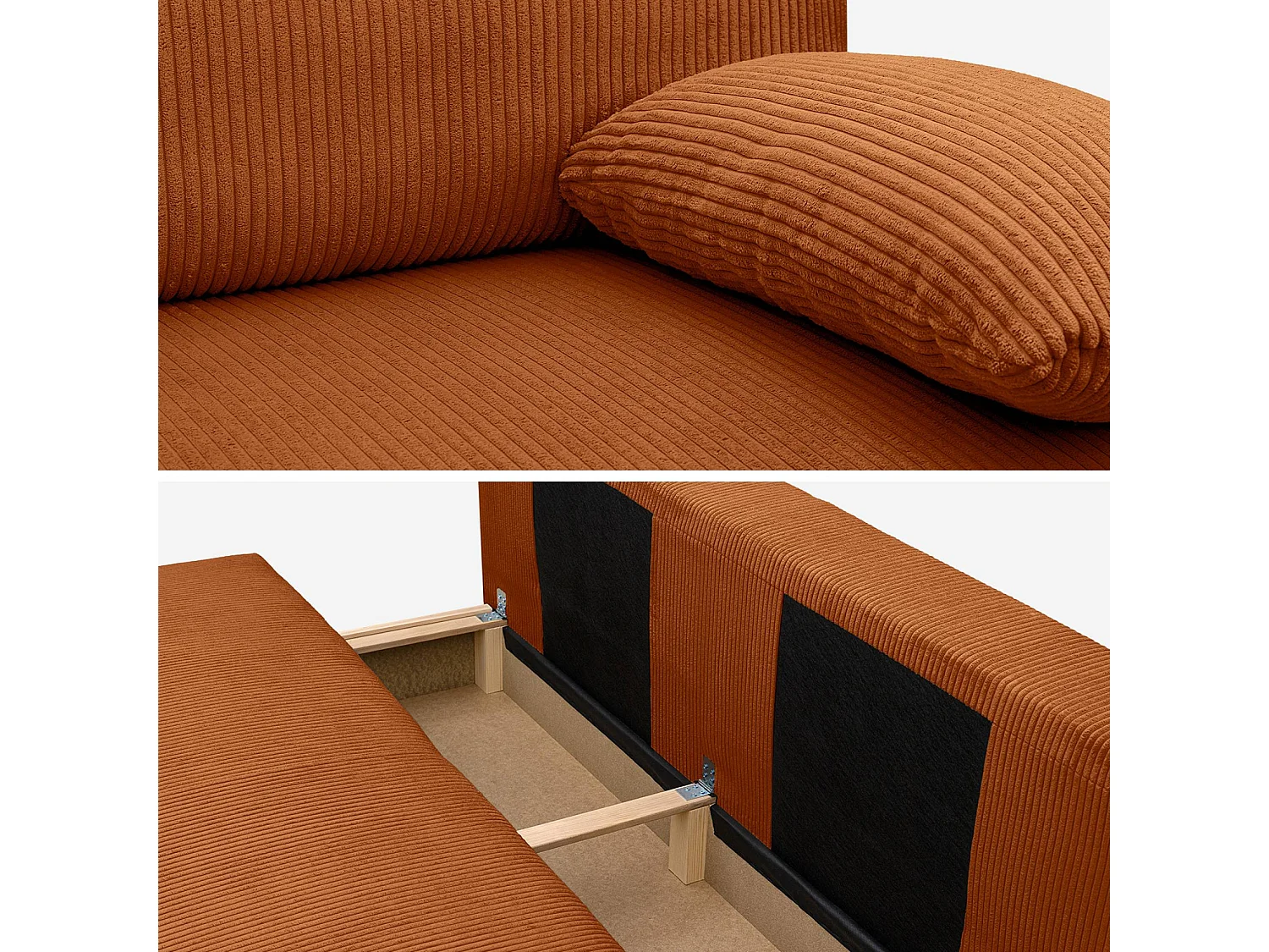 Banquette convertible 3 places velours côtelé camel avec coffre de rangement - L 192 x P 100 x H 81cm -Nelson