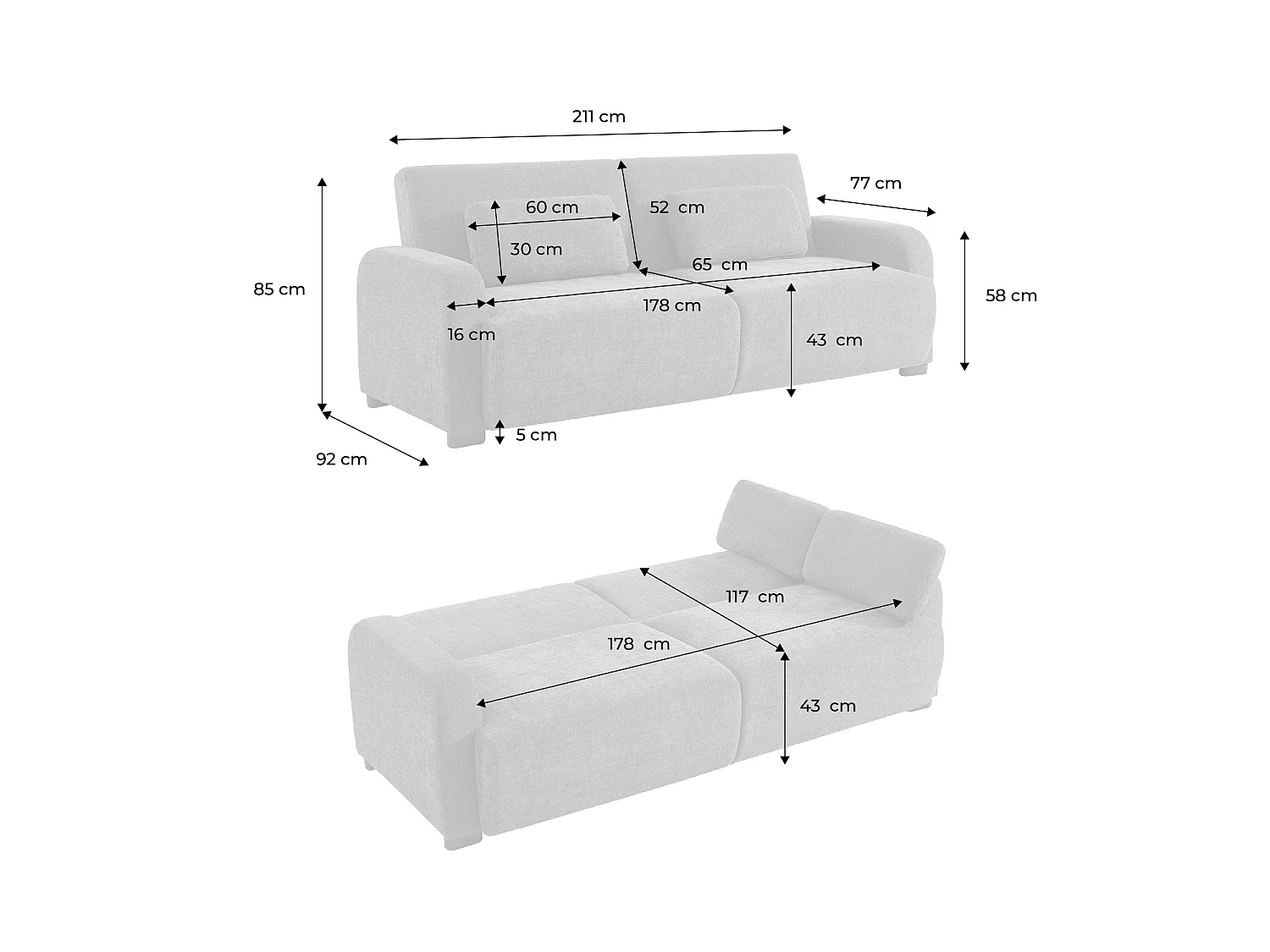 Sofá cama en tejido tela lisa de 3 plazas beige