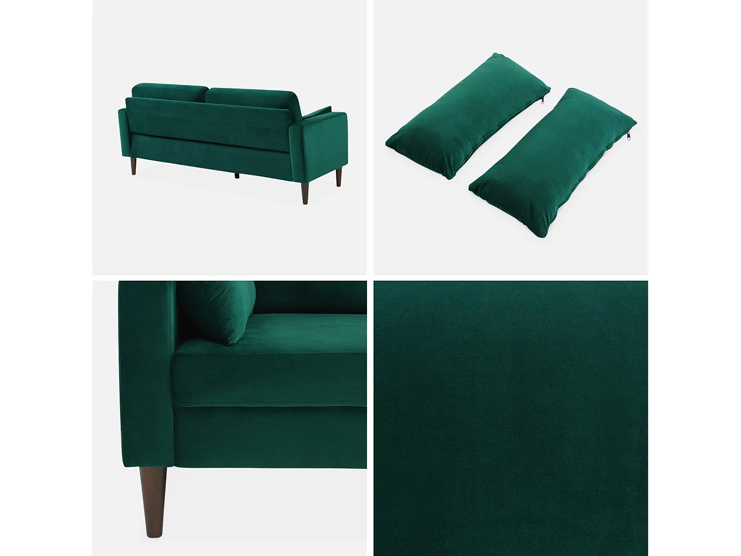 Sofá de terciopelo con patas de madera de hevea, 3 plazas verde ingles