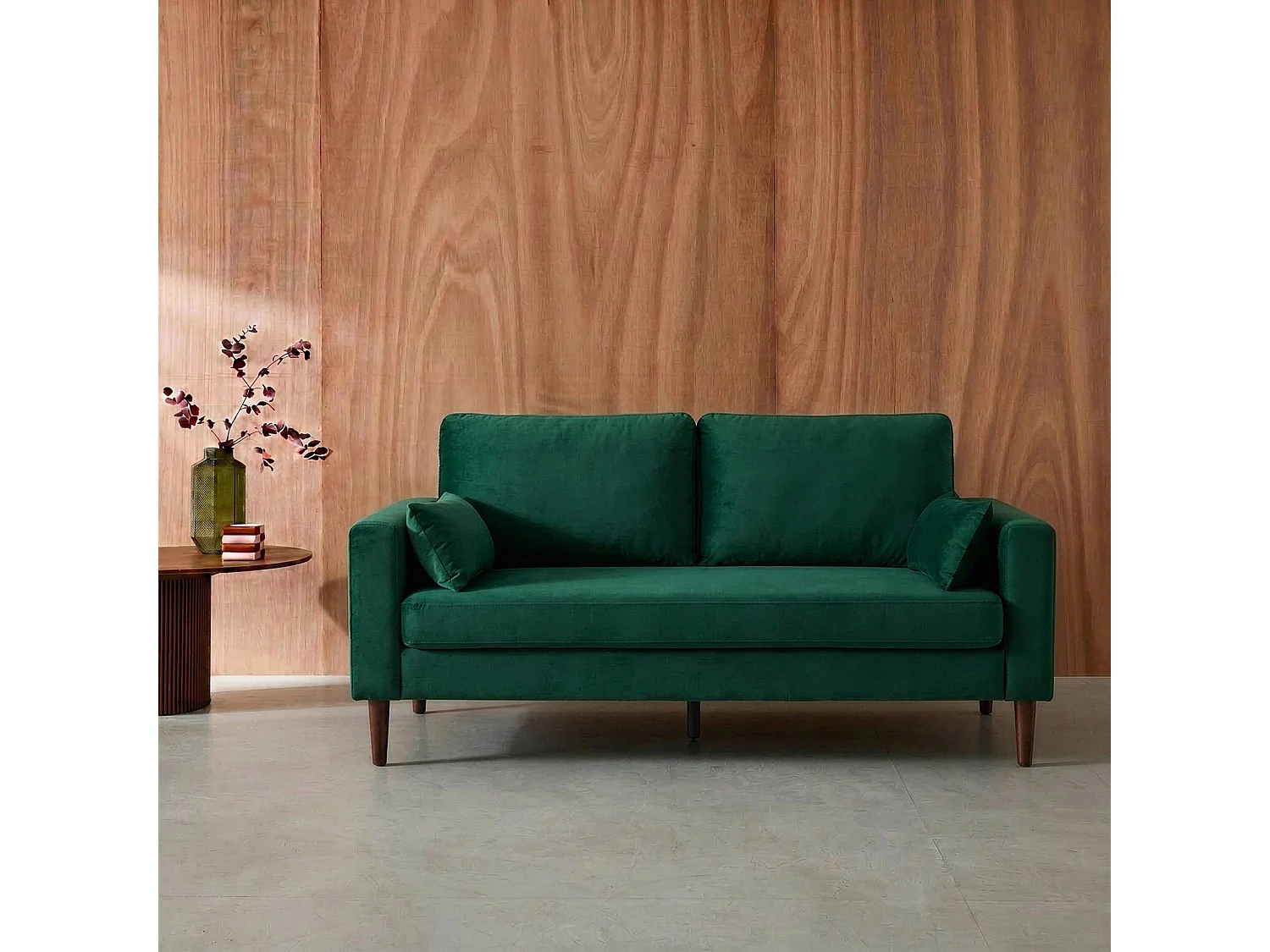 Sofá de terciopelo con patas de madera de hevea, 3 plazas verde ingles