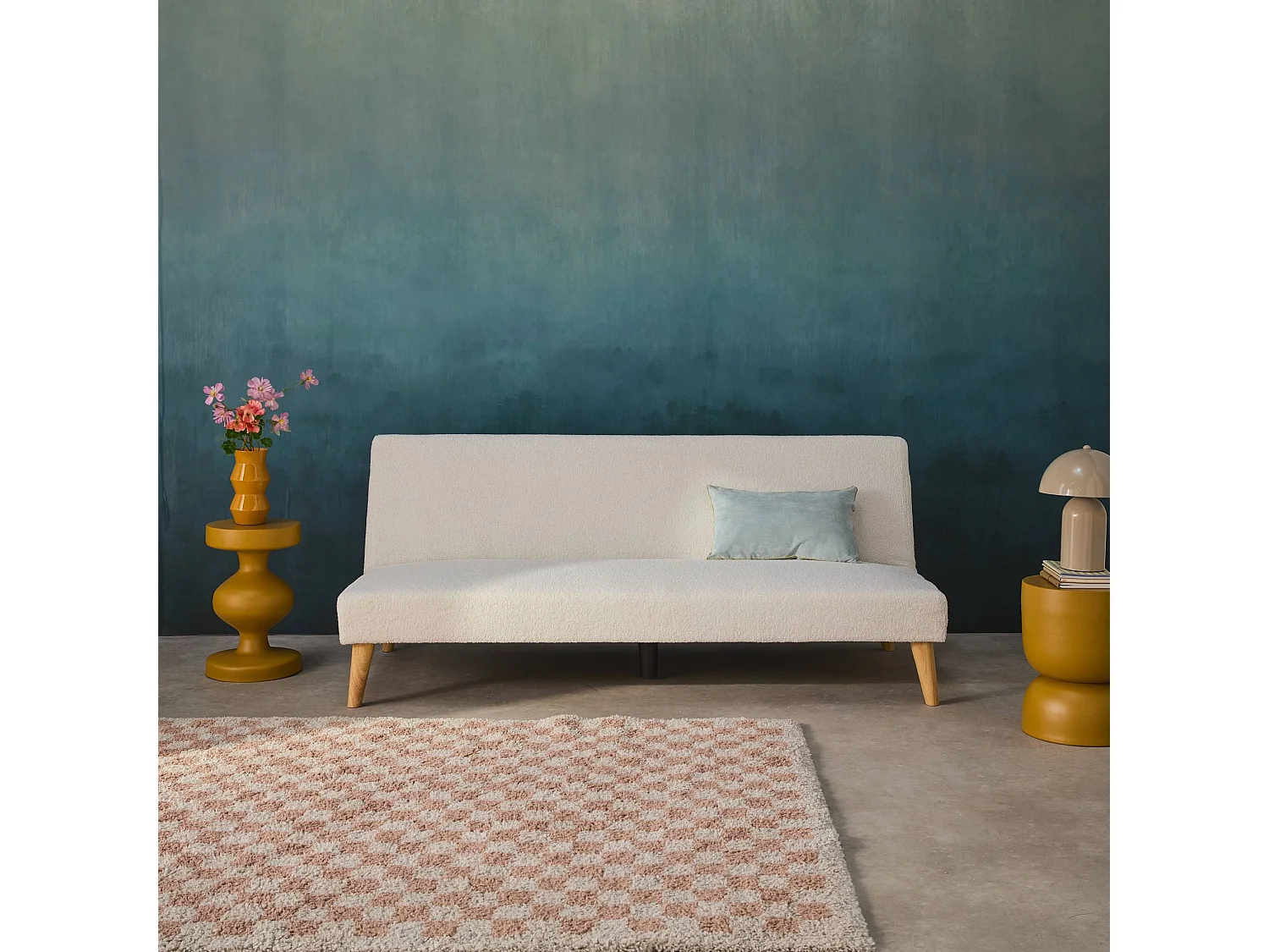 Canapé banquette convertible 3 places bouclette blanche piètement bois d'hévéa L 180 x P 100 x H 74.5 cm - Tom