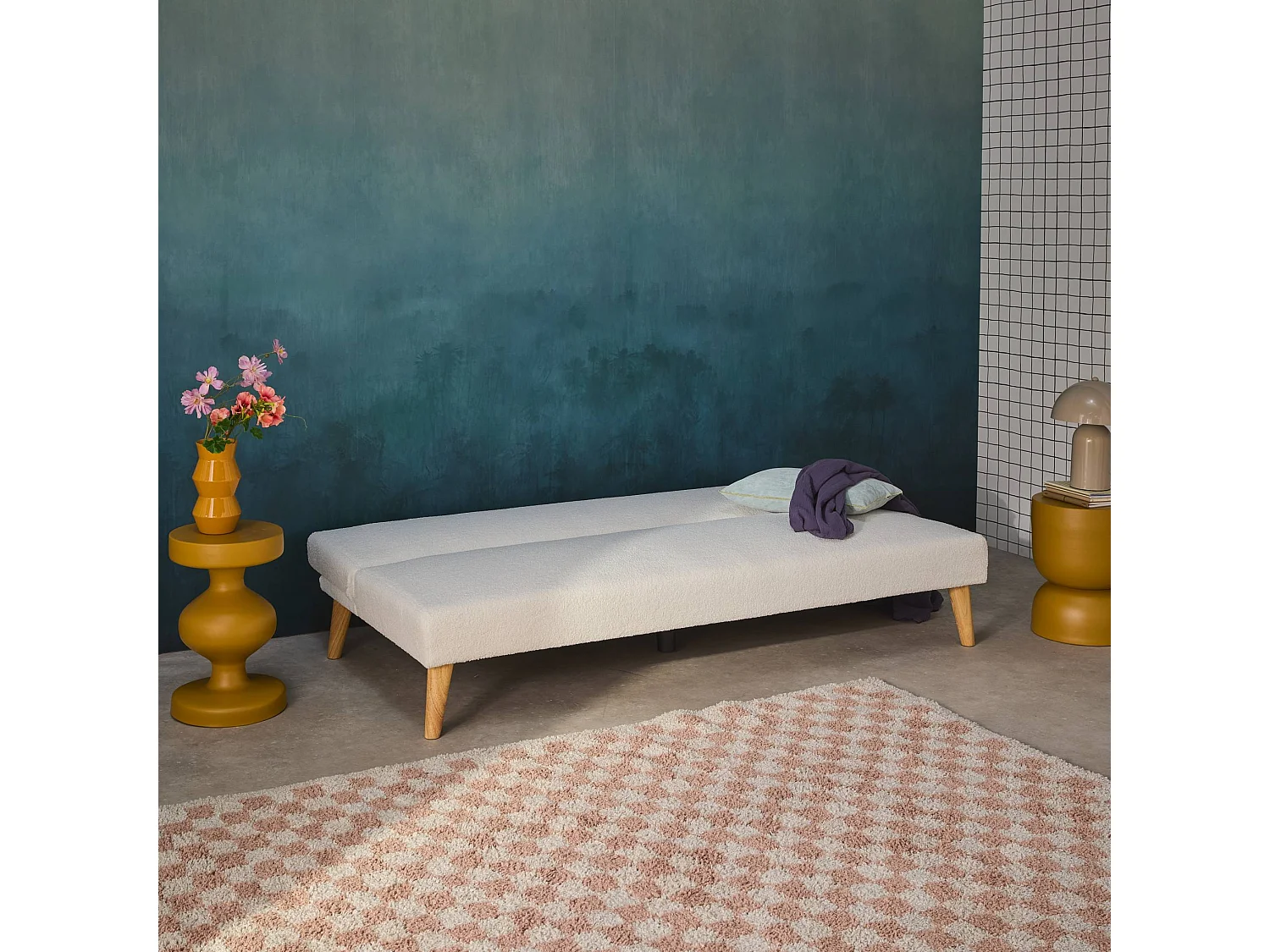 Canapé banquette convertible 3 places bouclette blanche piètement bois d'hévéa L 180 x P 100 x H 74.5 cm - Tom