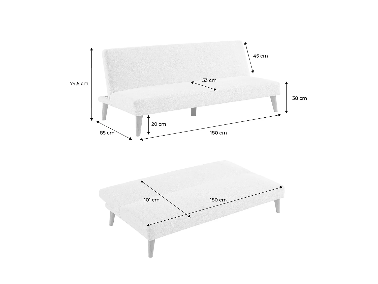 Canapé banquette convertible 3 places bouclette blanche piètement bois d'hévéa L 180 x P 100 x H 74.5 cm - Tom