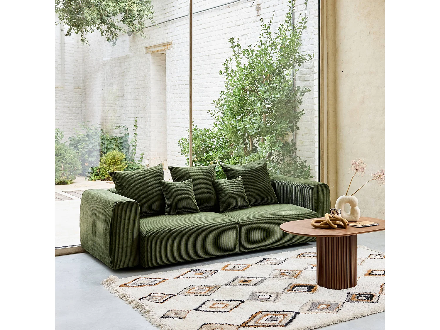 Sofá desenfundable de 3 plazas de terciopelo de pana gruesa verde kaki