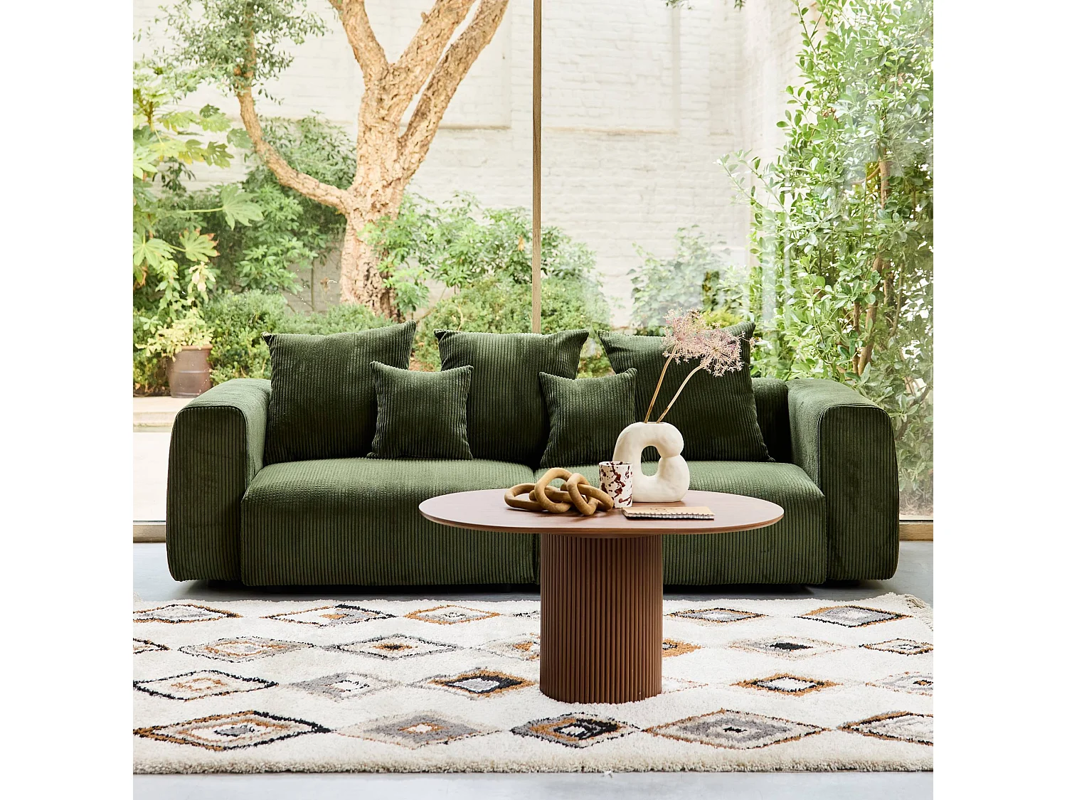 Sofá desenfundable de 3 plazas de terciopelo de pana gruesa verde kaki