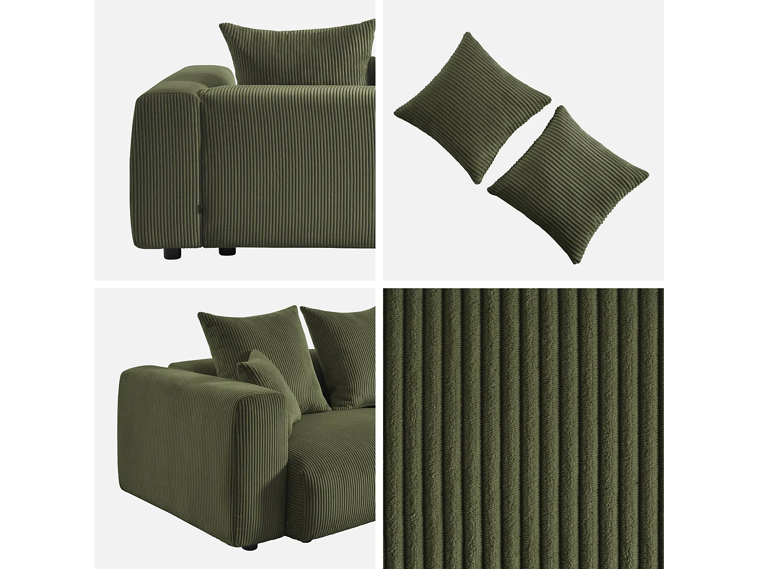 Sofá desenfundable de 3 plazas de terciopelo de pana gruesa verde kaki