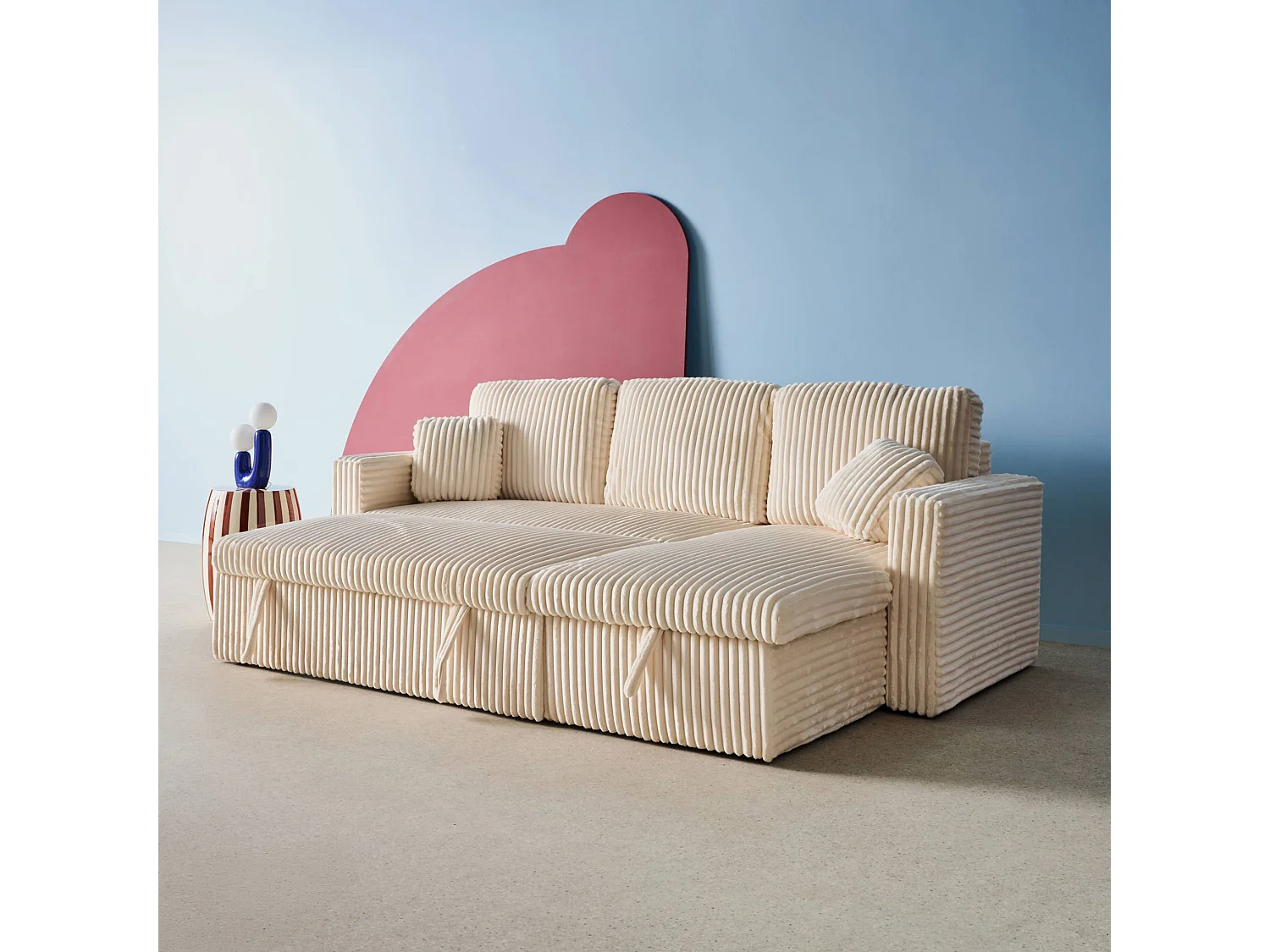 Divano letto reversibile effetto pelliccia a coste, 3 posti, crema