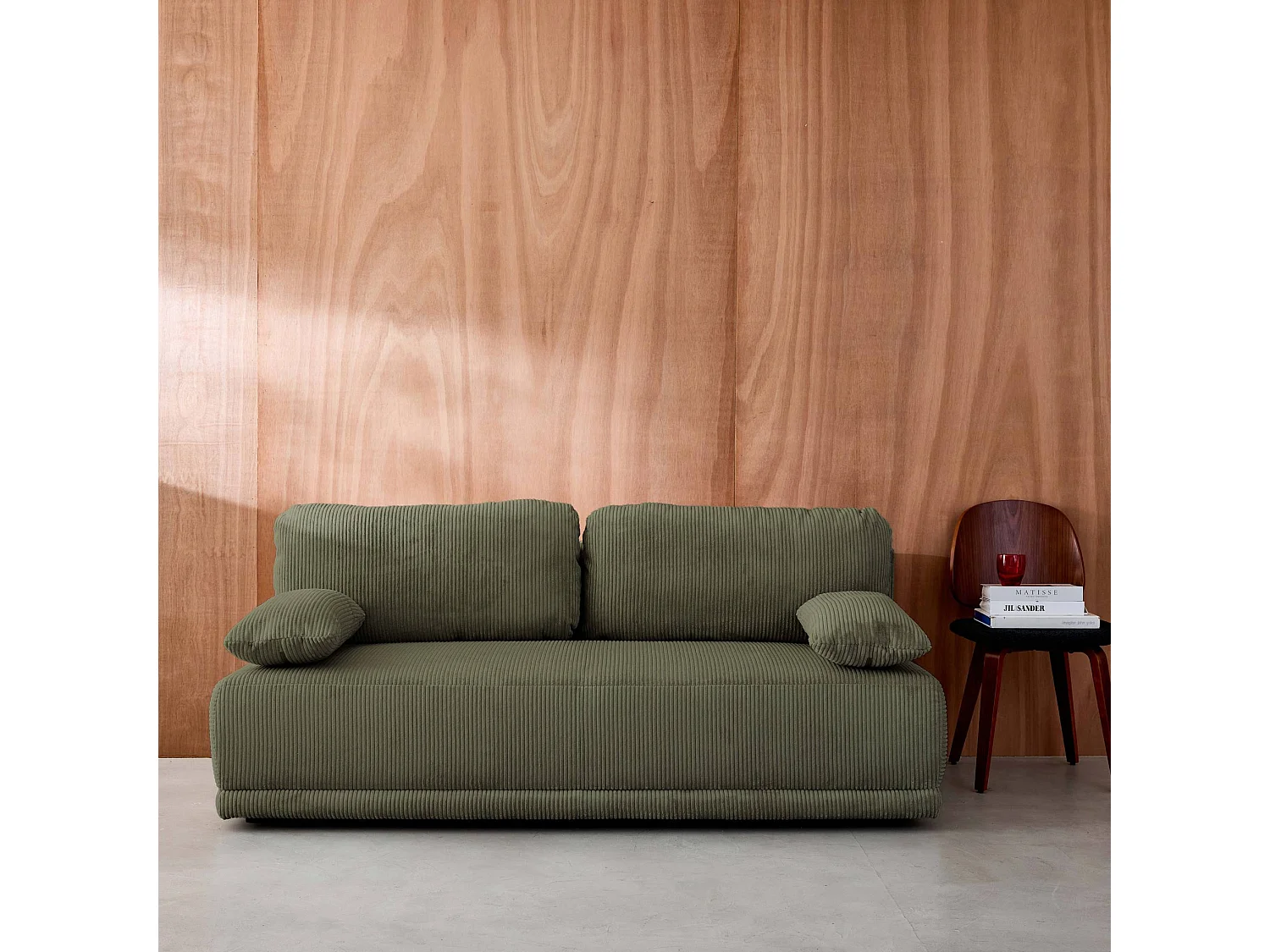 Banquette convertible 3 places velours côtelé kaki avec coffre de rangement - L 192 x P 100 x H 81cm -Nelson