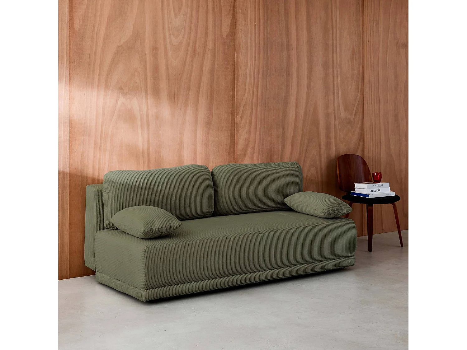 Banquette convertible 3 places velours côtelé kaki avec coffre de rangement - L 192 x P 100 x H 81cm -Nelson