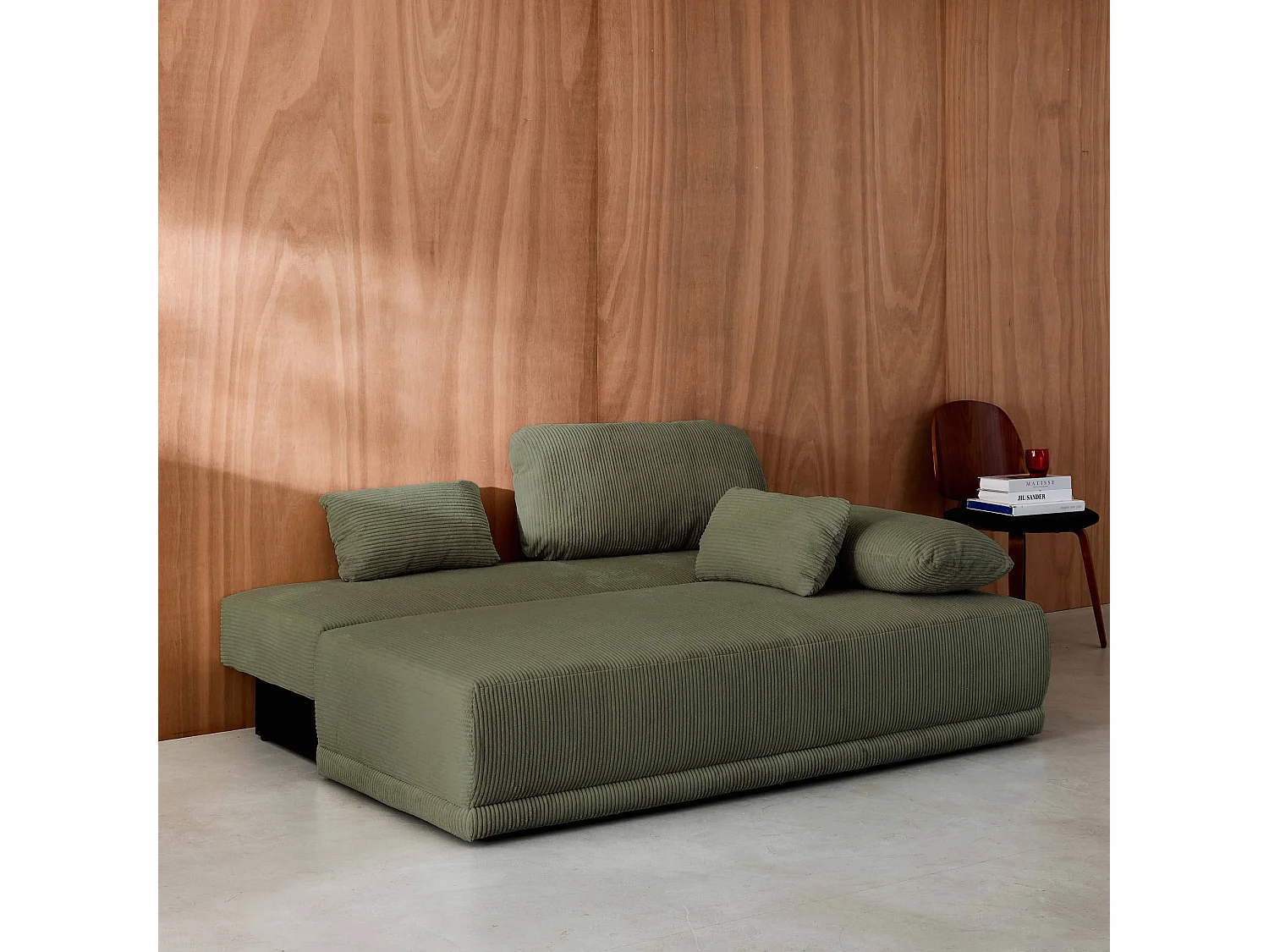 Banquette convertible 3 places velours côtelé kaki avec coffre de rangement - L 192 x P 100 x H 81cm -Nelson