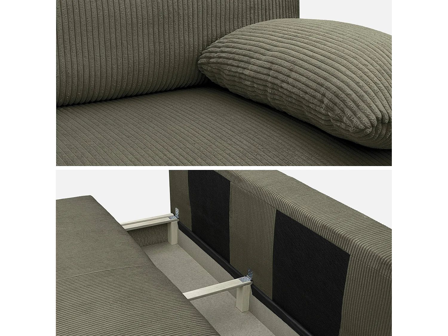 Banquette convertible 3 places velours côtelé kaki avec coffre de rangement - L 192 x P 100 x H 81cm -Nelson