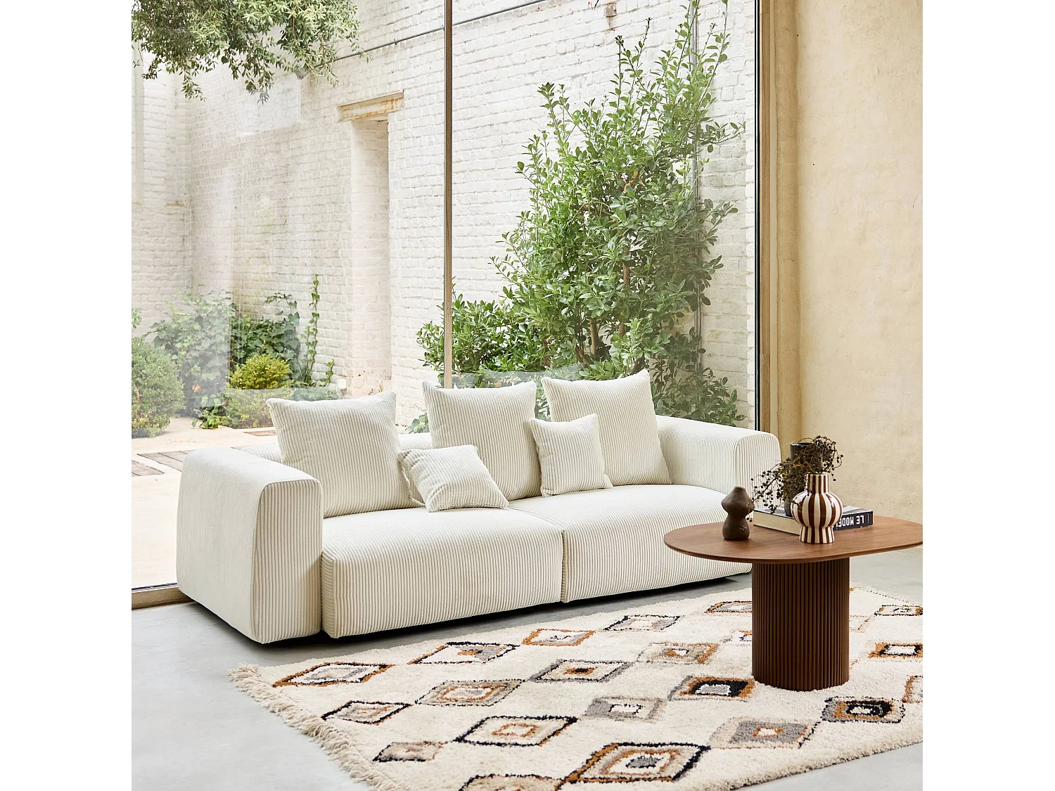 Sofá desenfundable de 3 plazas de terciopelo de pana gruesa crema