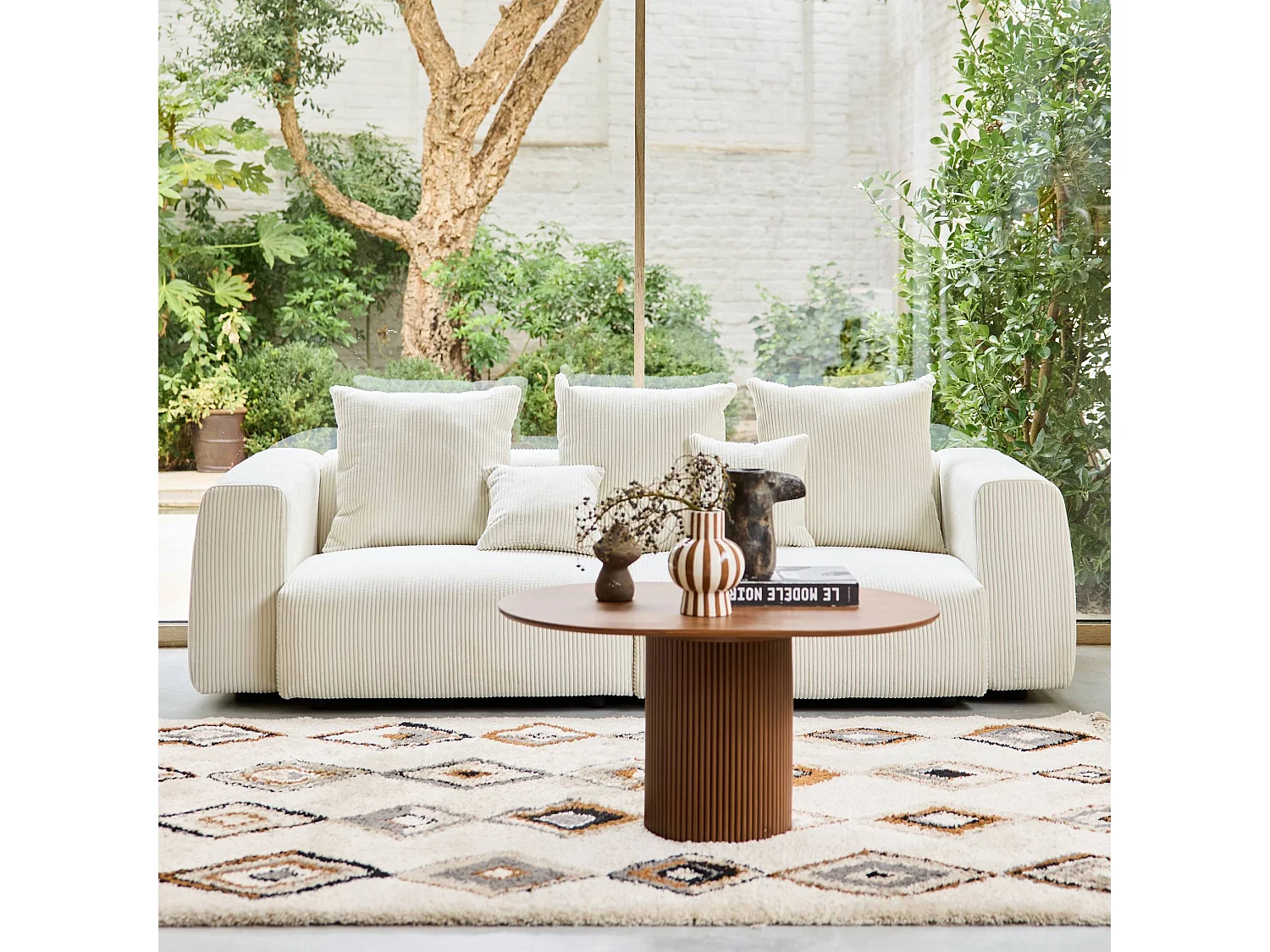 Sofá desenfundable de 3 plazas de terciopelo de pana gruesa crema