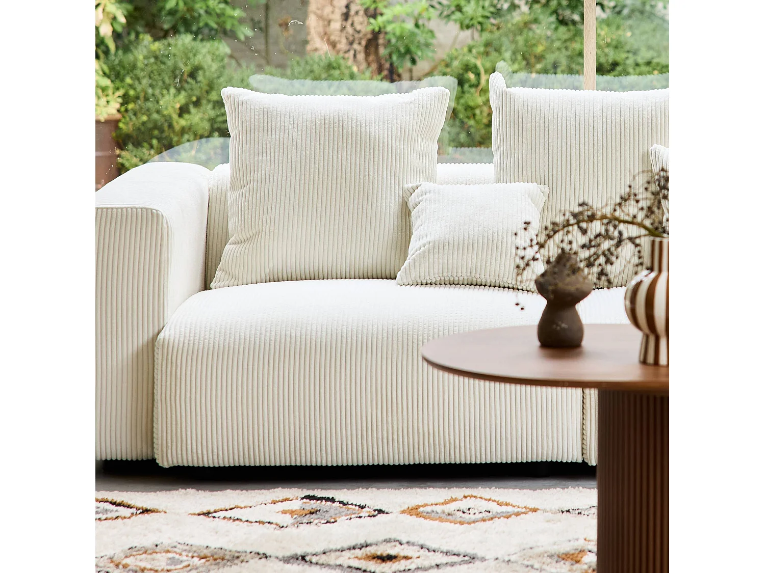 Sofá desenfundable de 3 plazas de terciopelo de pana gruesa crema