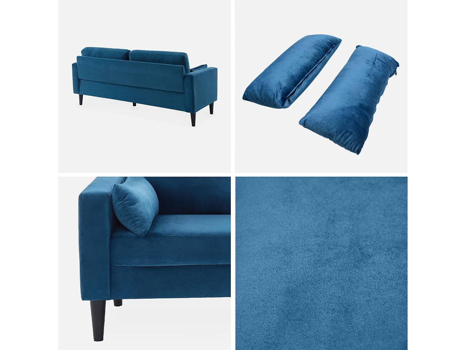 Sofá de terciopelo con patas de madera de hevea, 3 plazas azul