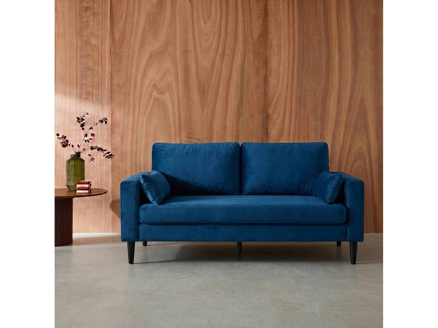 Sofá de terciopelo con patas de madera de hevea, 3 plazas azul