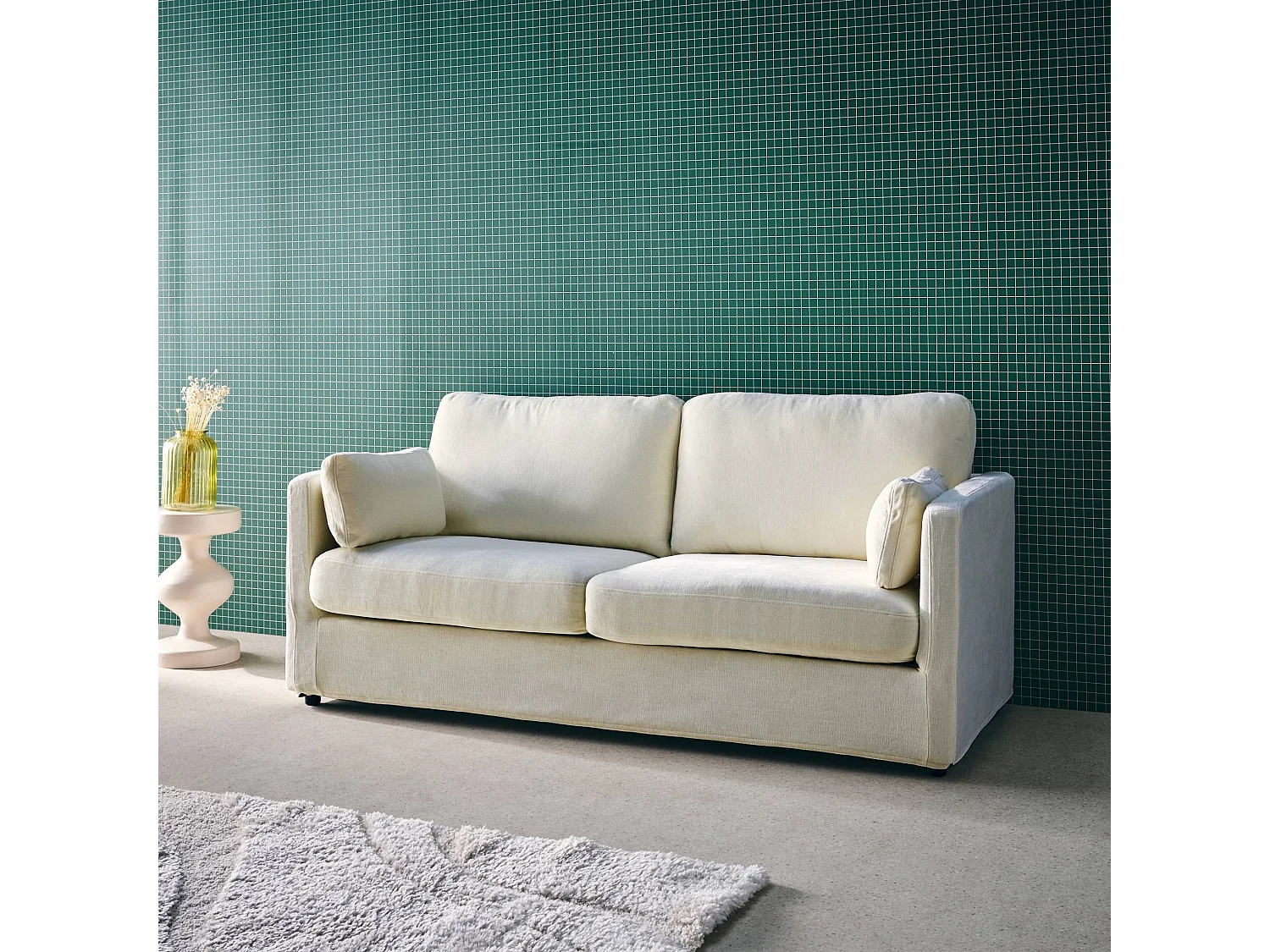 Sofá desenfundable de tela lisa de 2 plazas blanco