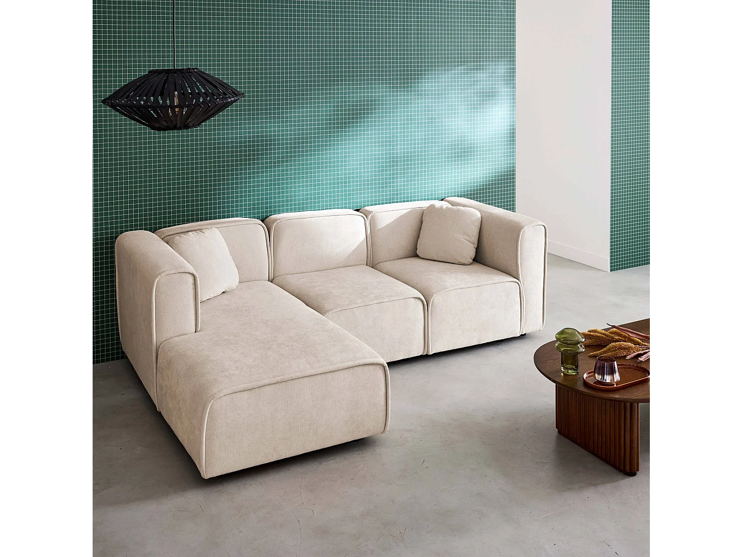 Sofá esquinero izquierdo de tela liso, 3 plazas, Beige