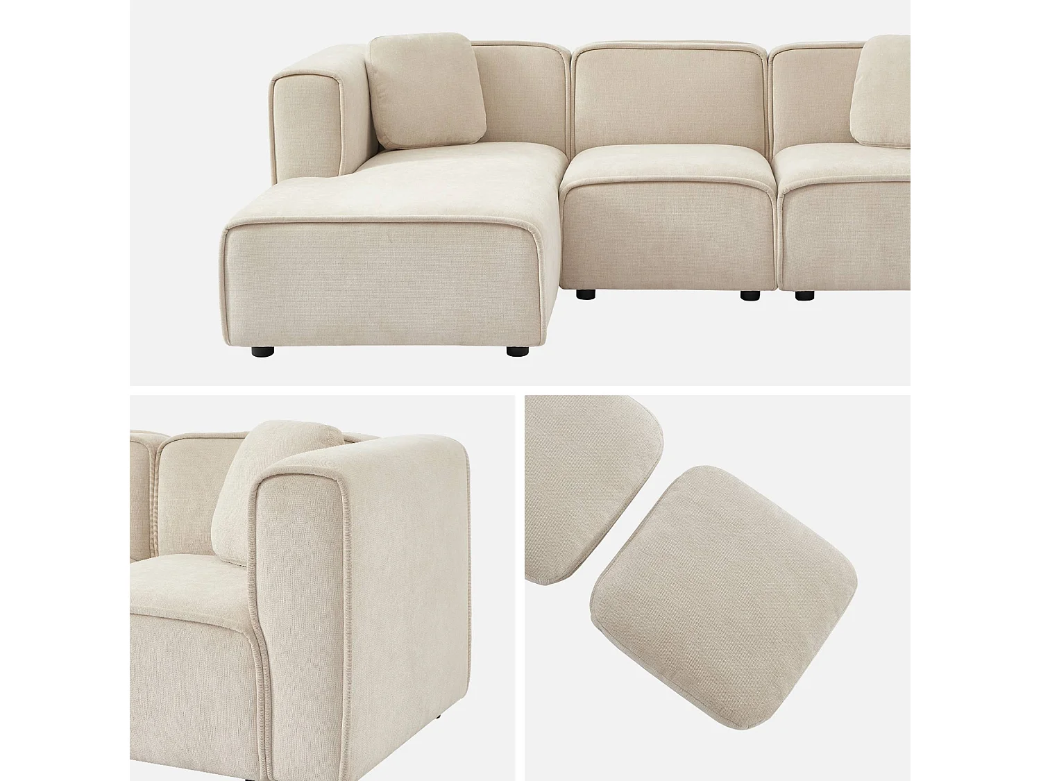 Sofá esquinero izquierdo de tela liso, 3 plazas, Beige