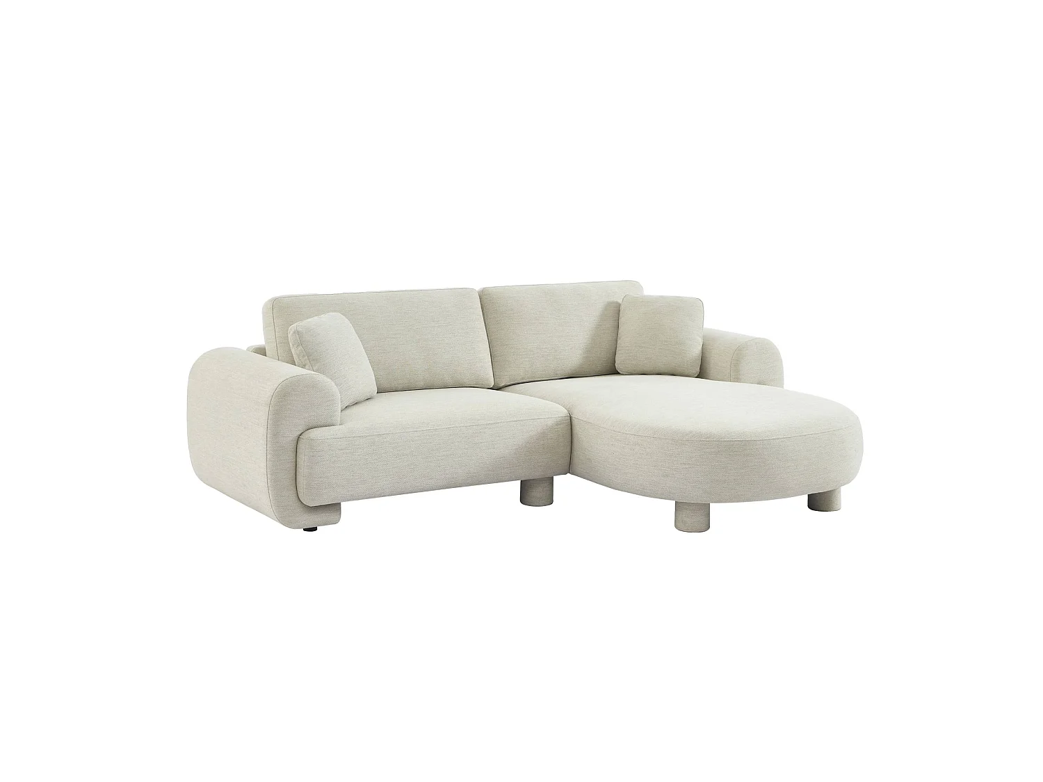 Sofá esquinero derecha de tela liso con patas redondas, 3 plazas crema