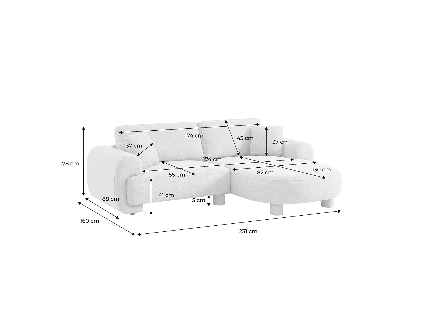 Sofá esquinero derecha de tela liso con patas redondas, 3 plazas crema