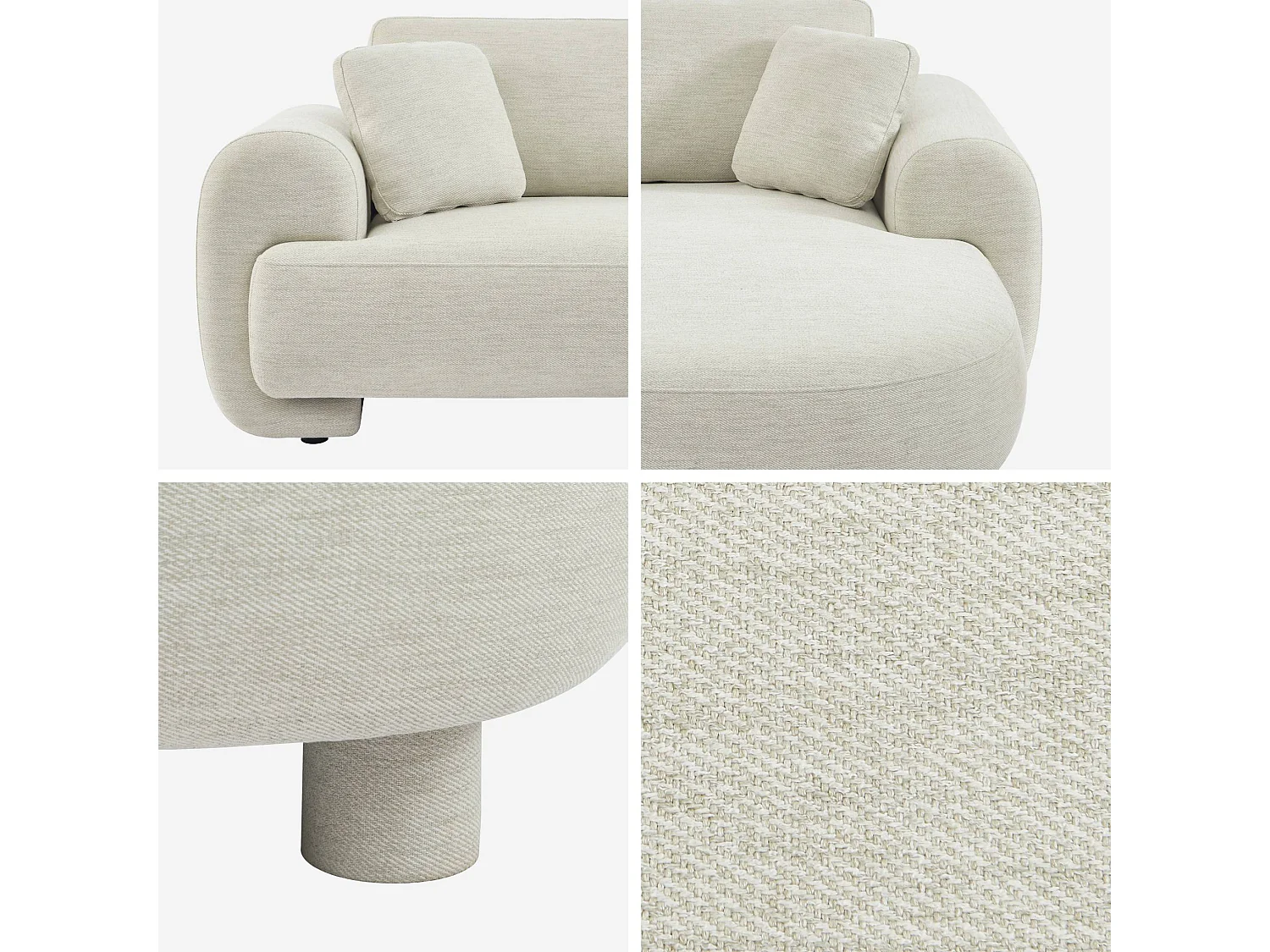 Sofá esquinero derecha de tela liso con patas redondas, 3 plazas crema