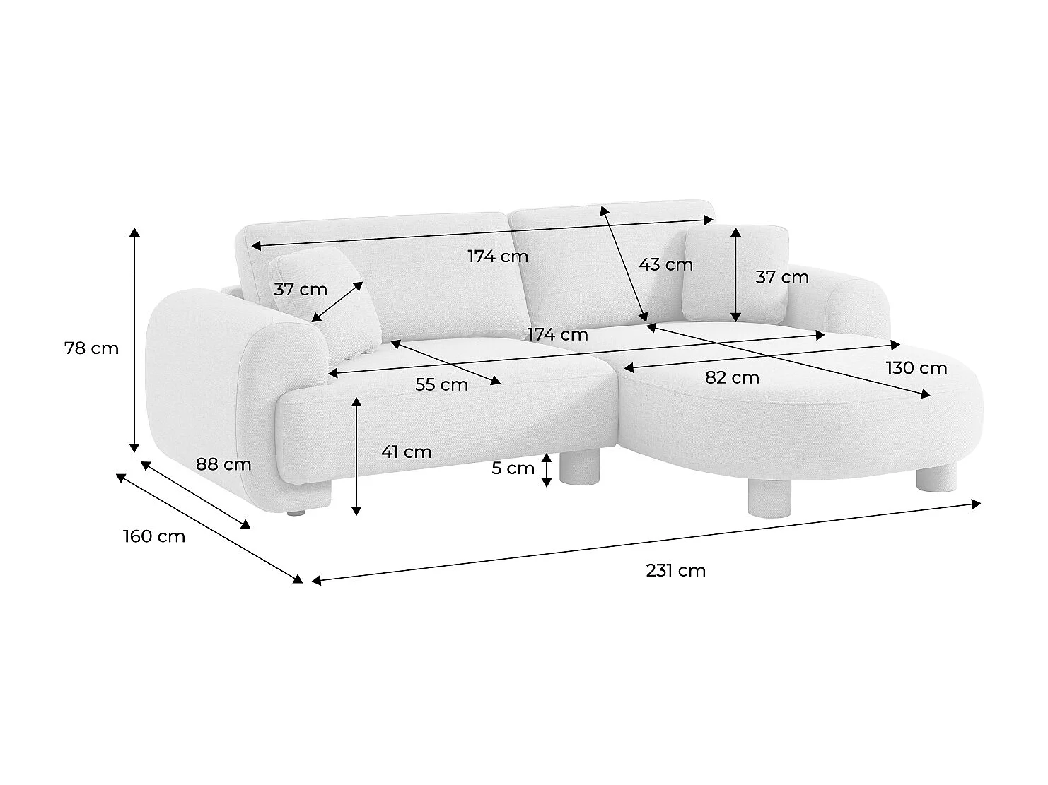 Sofá esquinero derecha de tela liso con patas redondas, 3 plazas crema