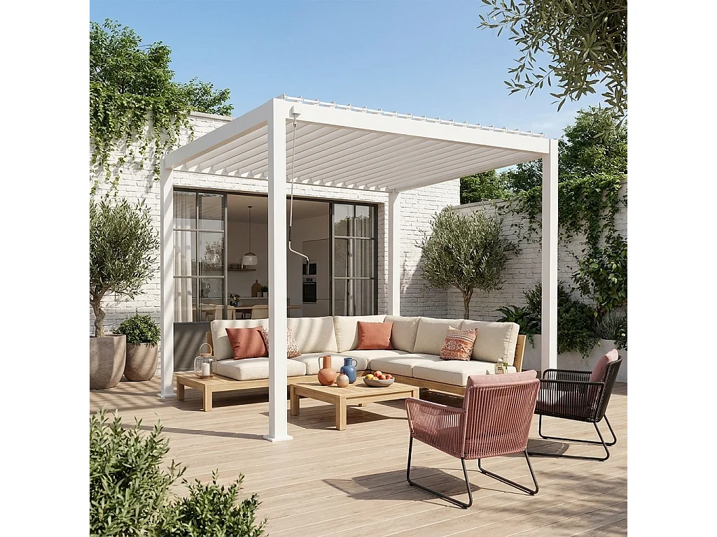 Pergola bioclimatica 3x3m in alluminio con lamelle orientabili, bianco
