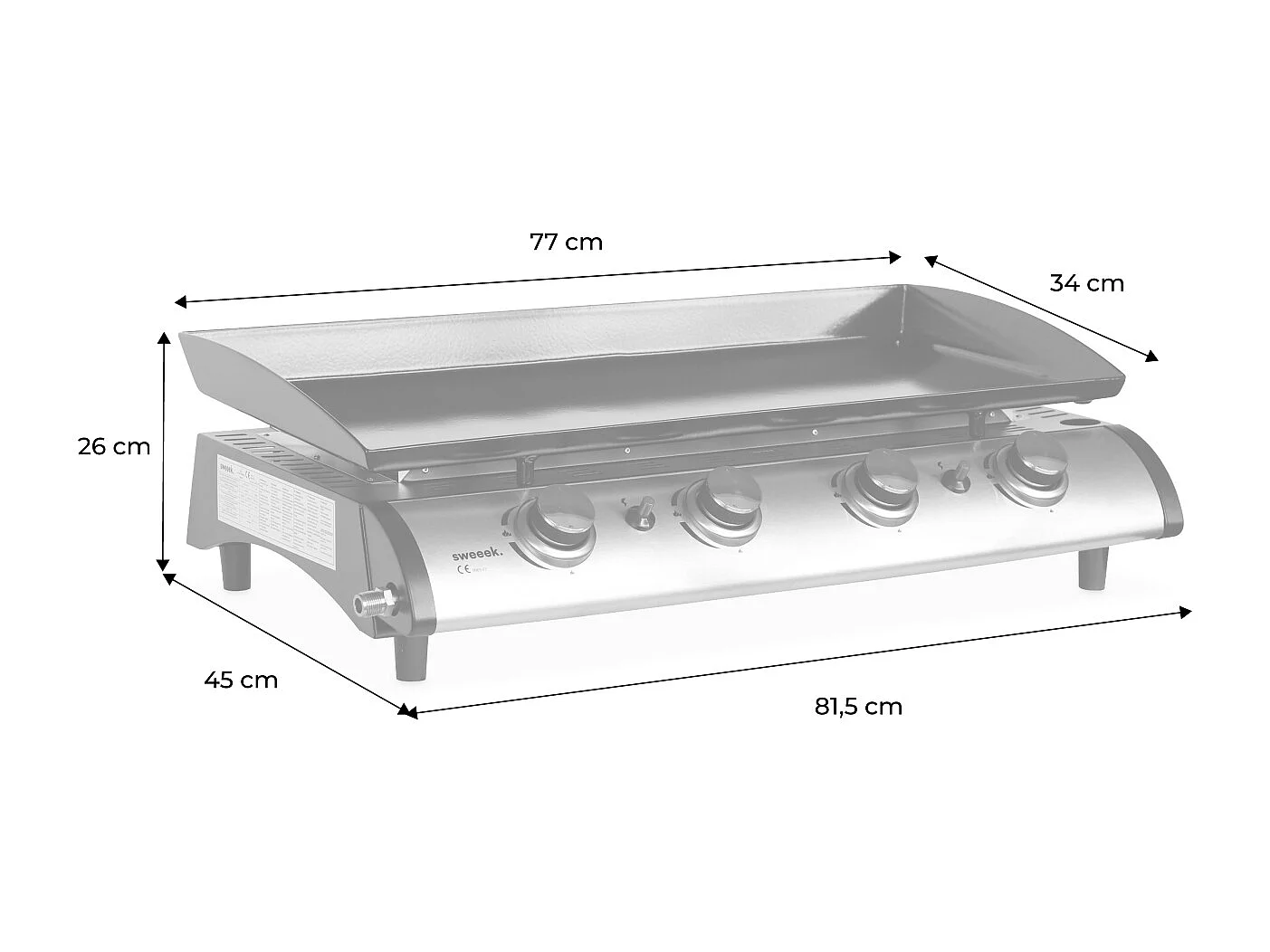 Plancha au gaz 4 feux - Porthos 4 brûleurs - 10 kW. barbecue. cuisine extérieure. grande plaque émaillée. inox