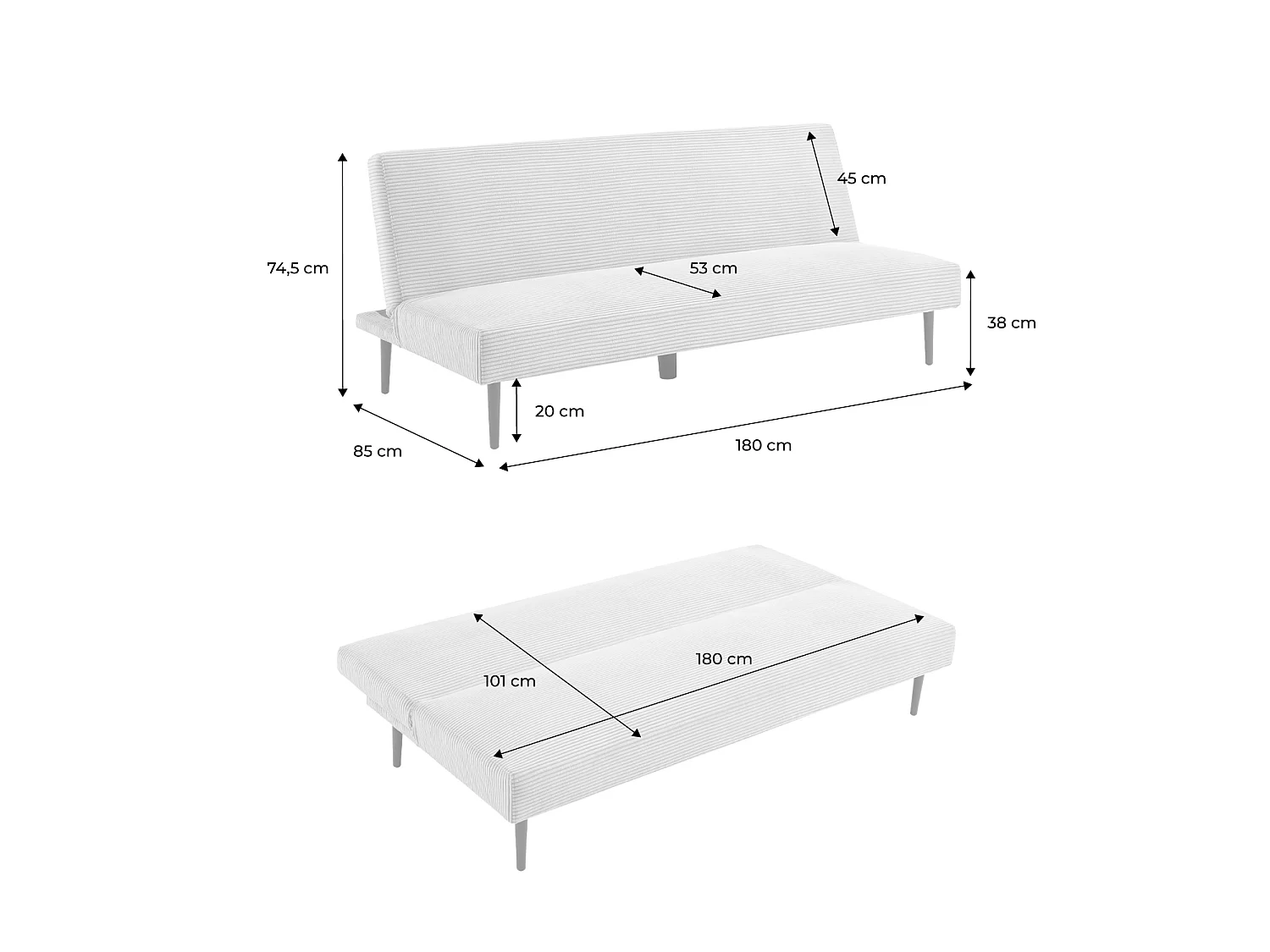 Divano panca letto in velluto a coste con base in metallo, 3 posti,