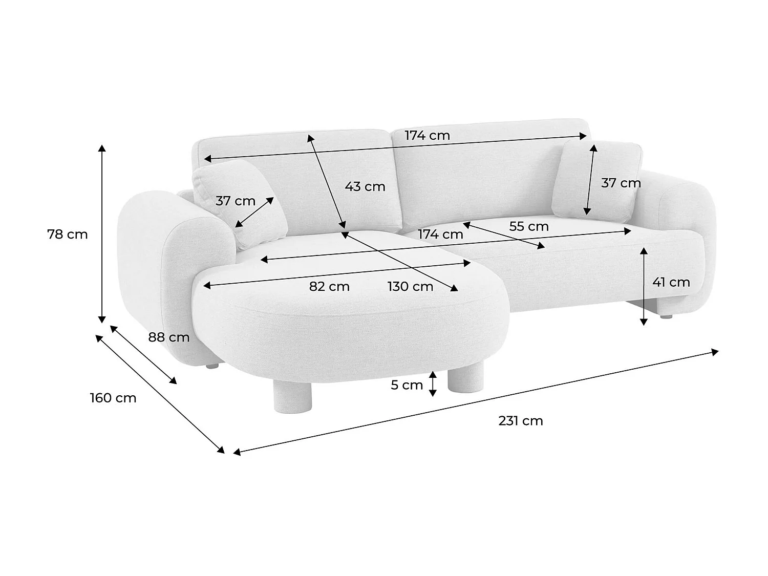 Sofá esquinero izquierdo con patas redondas, 3 plazas gris claro