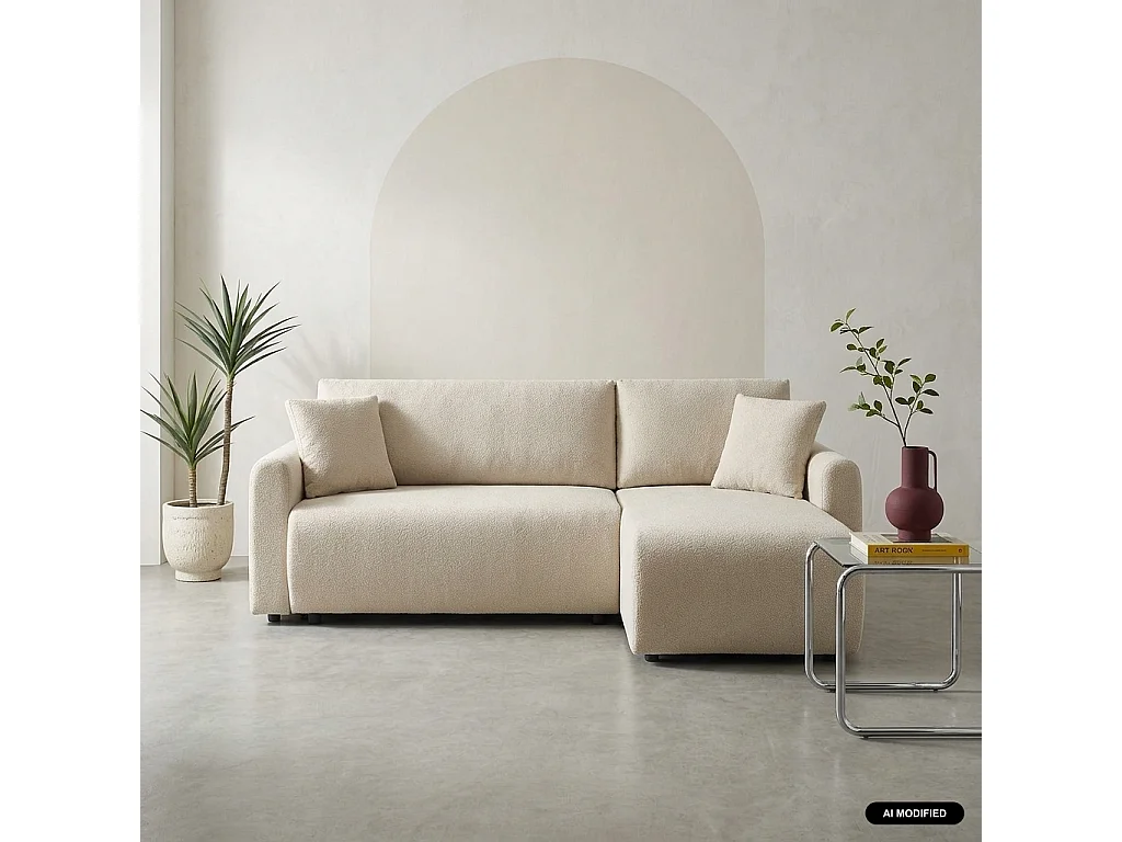 Sofá cama esquinero reversible de tela con arcón, 3 plazas  beige