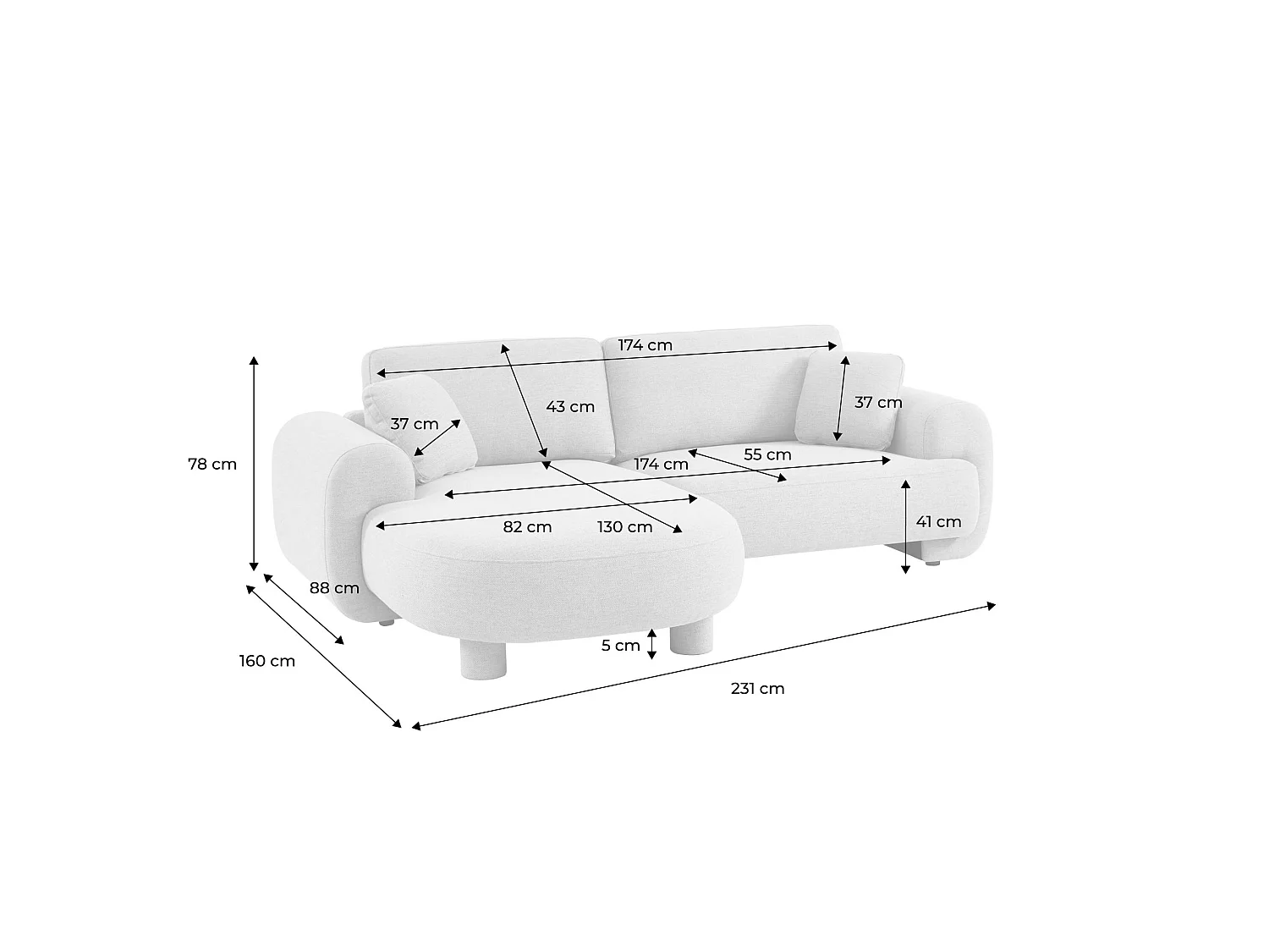 Sofá esquinero izquierdo con patas redondas, 3 plazas beige