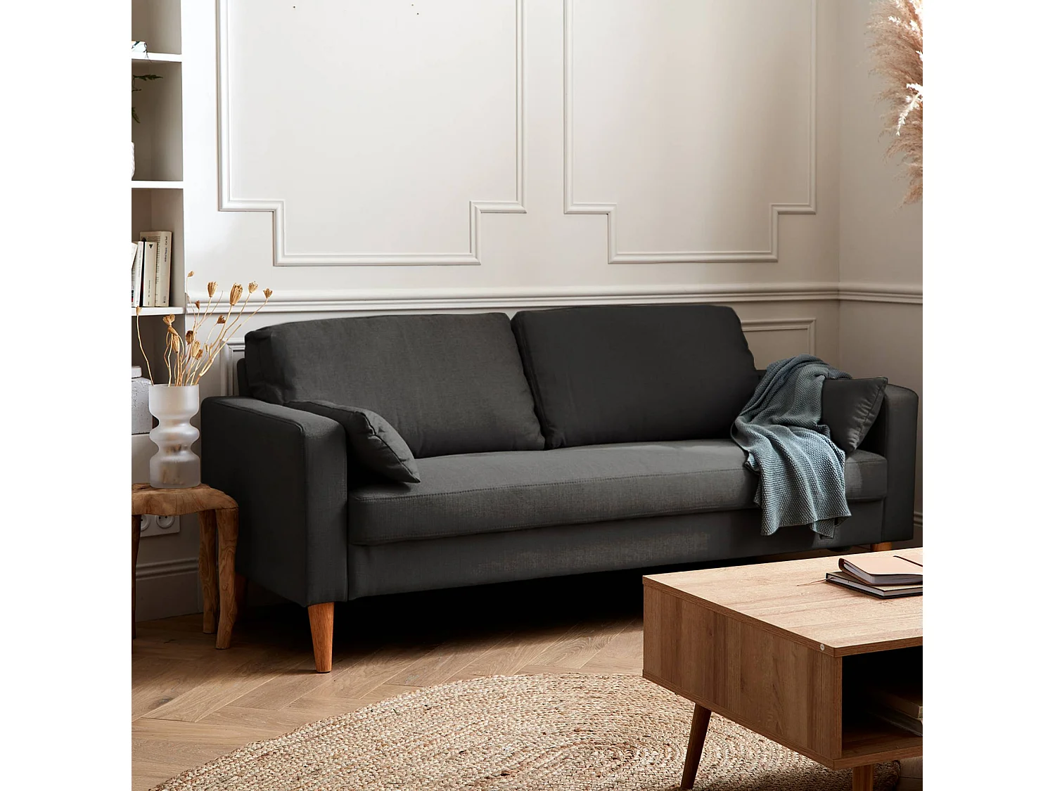 Canapé en tissu gris chiné foncé - Bjorn - Canapé 3 places fixe droit pieds bois. style scandinave