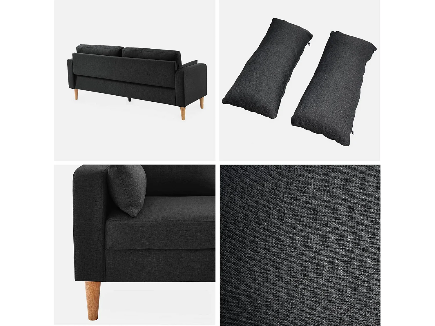 Canapé en tissu gris chiné foncé - Bjorn - Canapé 3 places fixe droit pieds bois. style scandinave