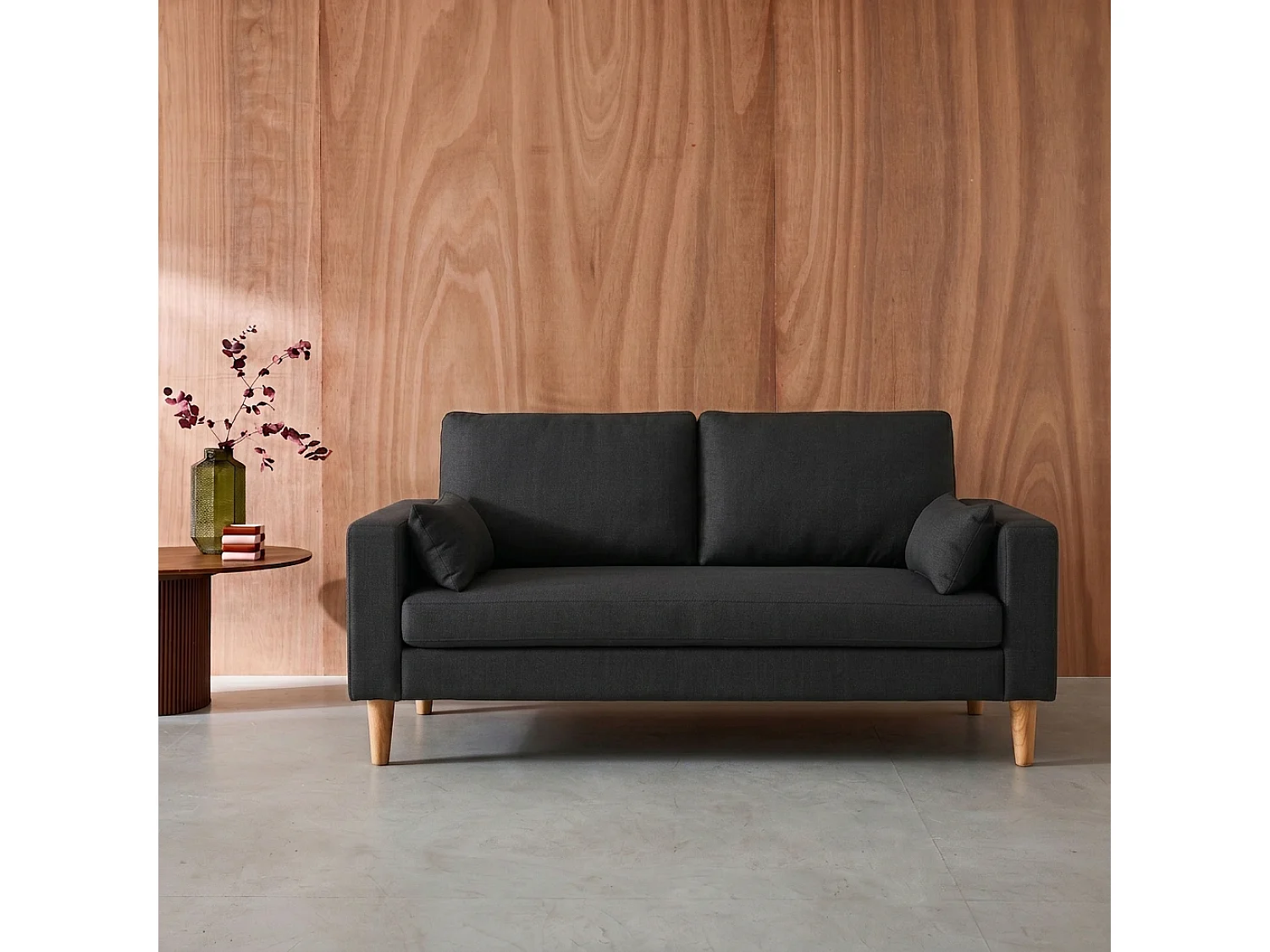 Sofá de tela con patas de madera, 3 plazas gris oscuro jaspeado