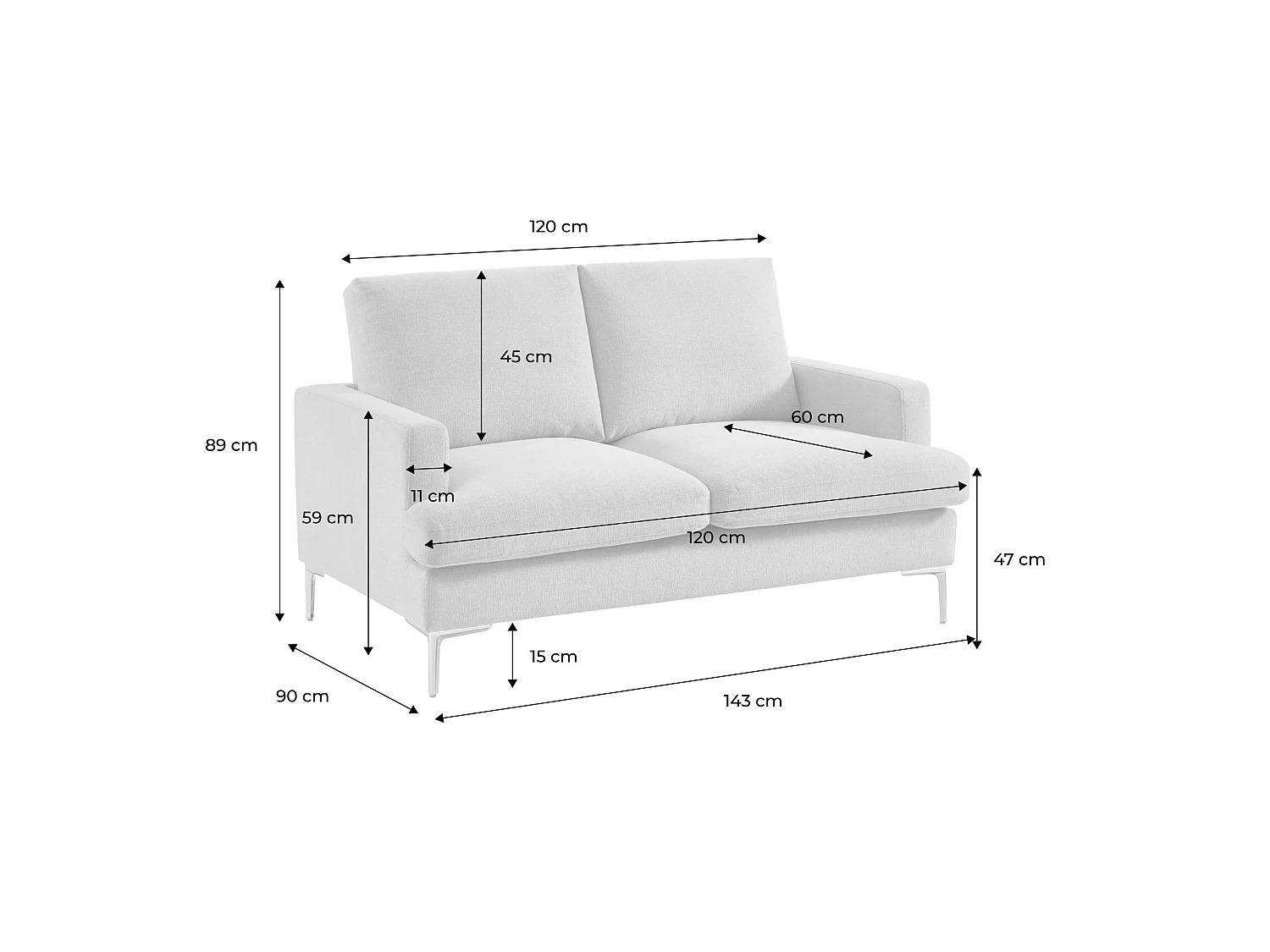 Canapé 2 places en tissu blanc cassé L 143 x P 90 x H 89cm - Hans