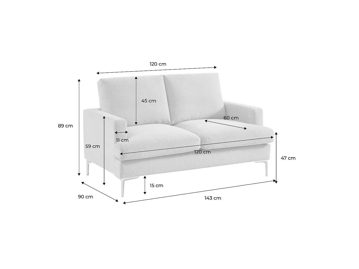 Canapé 2 places en tissu blanc cassé L 143 x P 90 x H 89cm - Hans