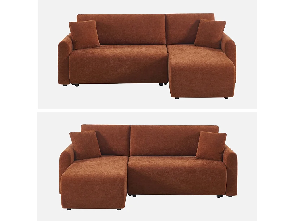 Sofá cama esquinero reversible de tela con arcón, 3 plazas  terracotta