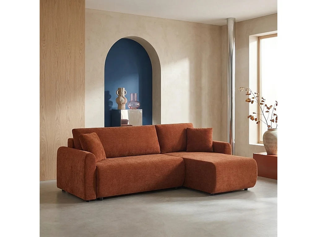 Sofá cama esquinero reversible de tela con arcón, 3 plazas  terracotta