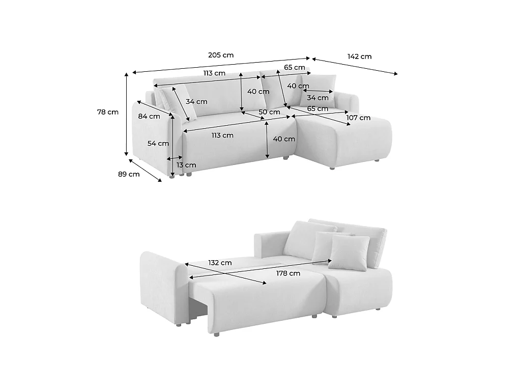 Sofá cama esquinero reversible de tela con arcón, 3 plazas  terracotta