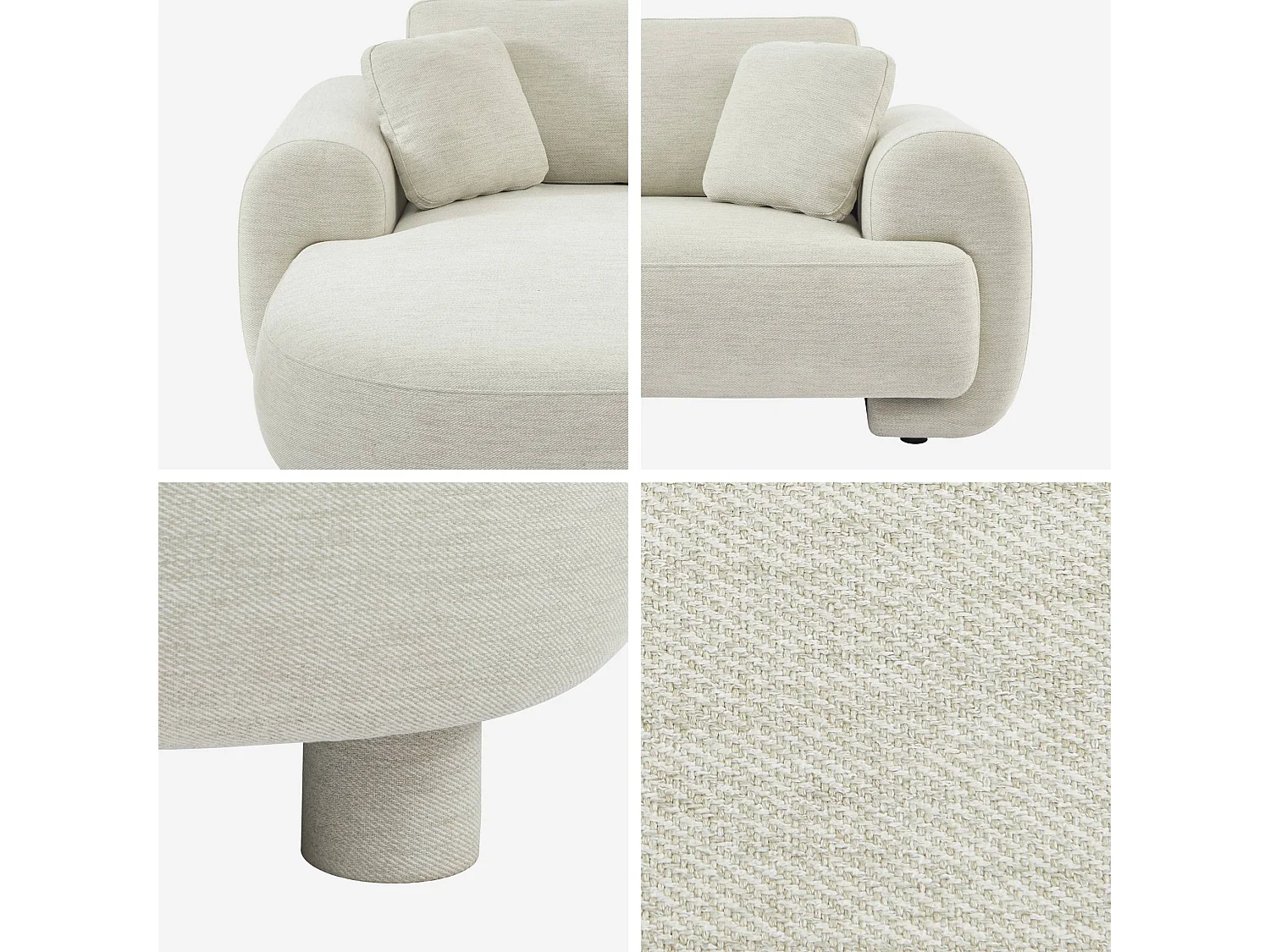 Sofá esquinero izquierdo con patas redondas, 3 plazas crema